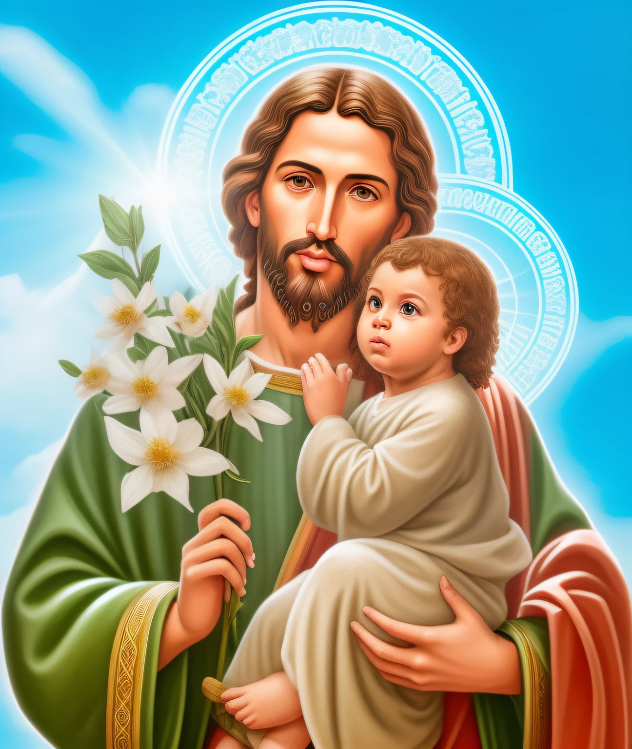Man holding a and holding a flower, Com o Menino Jesus, imagens sagradas, Jesus Cristo, orthodox saint christopher, Jovem Deus Todo-Poderoso, christian saint rosace, jesus of nazareth, Jesus Gigachade, Rei dos Reis, roman catholic icon, catholic religious art, NPC com um santo\halo do, catholic icon, Directed by: John O'Gorman, santo e sagrado. Real. Realista.