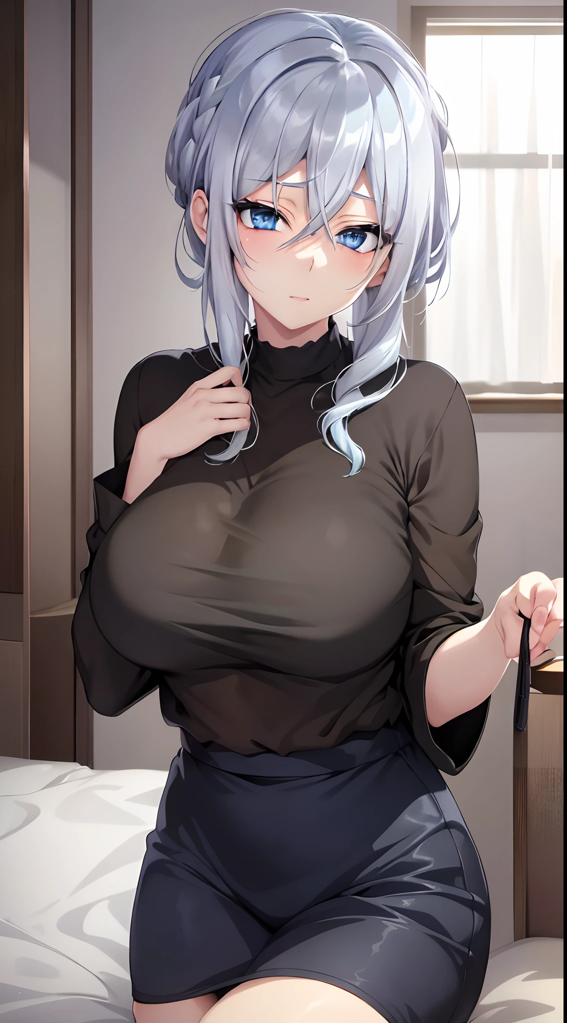 in bed, silver hair and  blue eyes, black shirt and no bra, anime visual of a cute girl, screenshot from the anime film, & her expression is solemn, in the anime film, in an anime, anime visual of a young woman, she has a cute expressive face, still from anime, big breast, red cheek, lustful face, fair skin