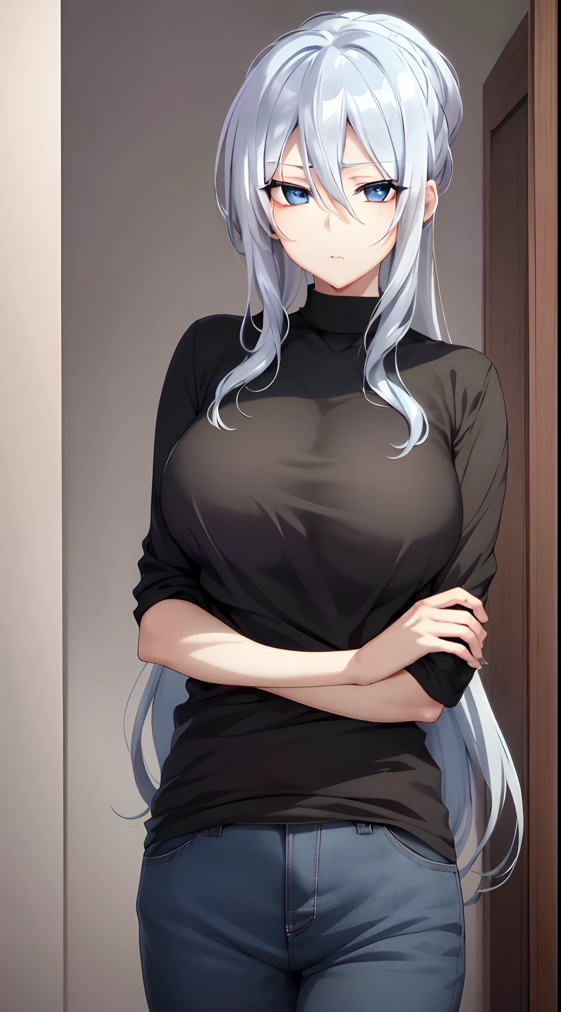 in bed, silver hair and  blue eyes, black shirt and no bra, anime visual of a cute girl, screenshot from the anime film, & her expression is solemn, in the anime film, in an anime, anime visual of a young woman, she has a cute expressive face, still from anime, big breast, red cheek, lustful face, fair skin