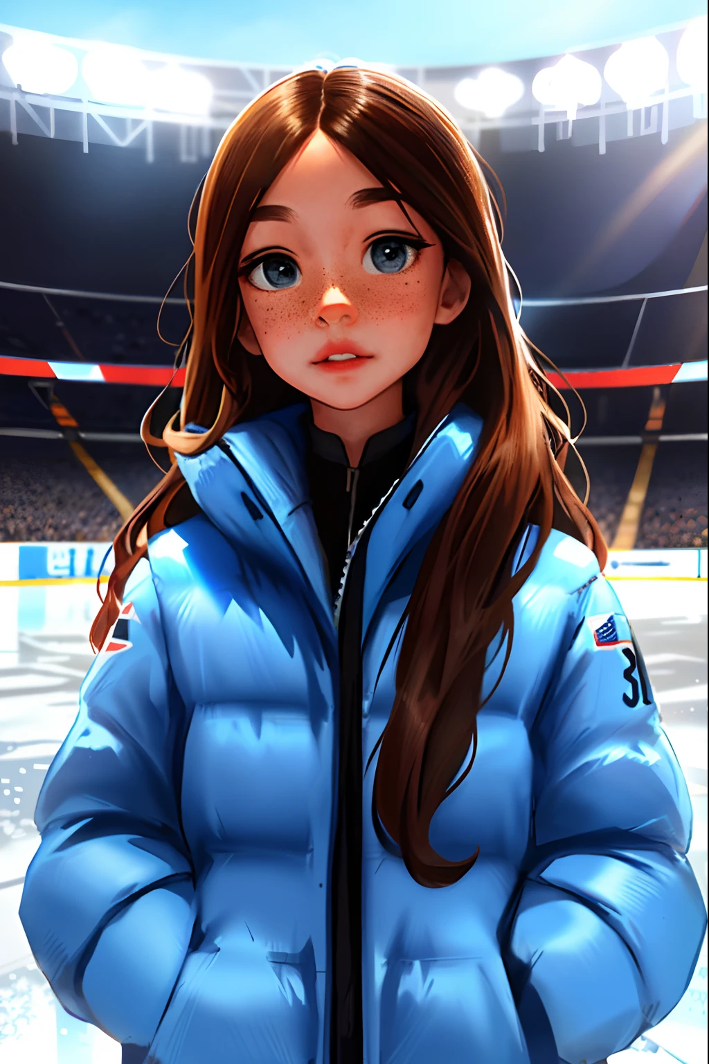 Sam Yang, 1girl, brown hair, long straight hair, blue eyes, in the middle of an ice rink, stadium background, girls in the background, wearing a medal, parted lips, jewelry, freckles, looking at viewer, day, depth of field, ((masterpiece))