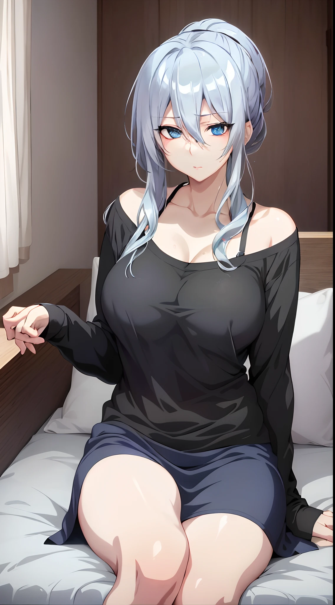 in bed, silver hair and blue eyes, black shirt and no bra, anime visual of a cute girl, screenshot from the anime film, & her expression is solemn, in the anime film, in an anime, anime visual of a young woman, she has a cute expressive face, still from anime, big breast, red cheek, lustful face, fair skin