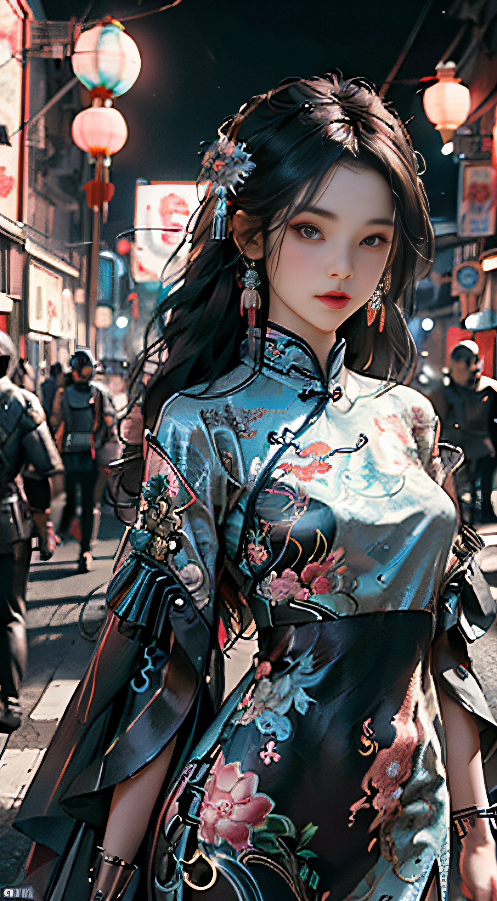 (Master Works :1.5), (Best picture quality :1.5), (Very Fine Detail, 8K, Wallpaper :1.3), Very Fine Detail, High contrast, Complex Detail, physics-based rendering, Best Composition, Whole body, Cyberpunk character Style, Dynamic Styling, 1 girl, Fine brown eyes, Eyeshadow, Makeup, long black hair, Detailed big eyes, looking at the audience, blush, full small lips, red lips, long hair :1.3, upper body, (standing), (Hair accessories :1.1), headwear, Chinese cheongsam, Cyberstyle Cheongsam, blue and pink cheongsam, (Cyberpunk Light :1.1), neon, all mechanical and futuristic elements, technology, the background is a traditional Chinese street, This street with no people, on the street with no people, paper lanterns, neon, Ultra high resolution, (Slim:1.2), dramatic lighting, vibrant detail, Deluxe Cyberpunk, Complex background, octane render, 8k, best quality, masterpieces, illustrations, extremely delicate and beautiful, Very detailed, CG, wallpaper, (realistic, realistic :1.37), Amazing, fine detail, masterpiece, best quality, official art, (Natta :1.5) cowboy shot