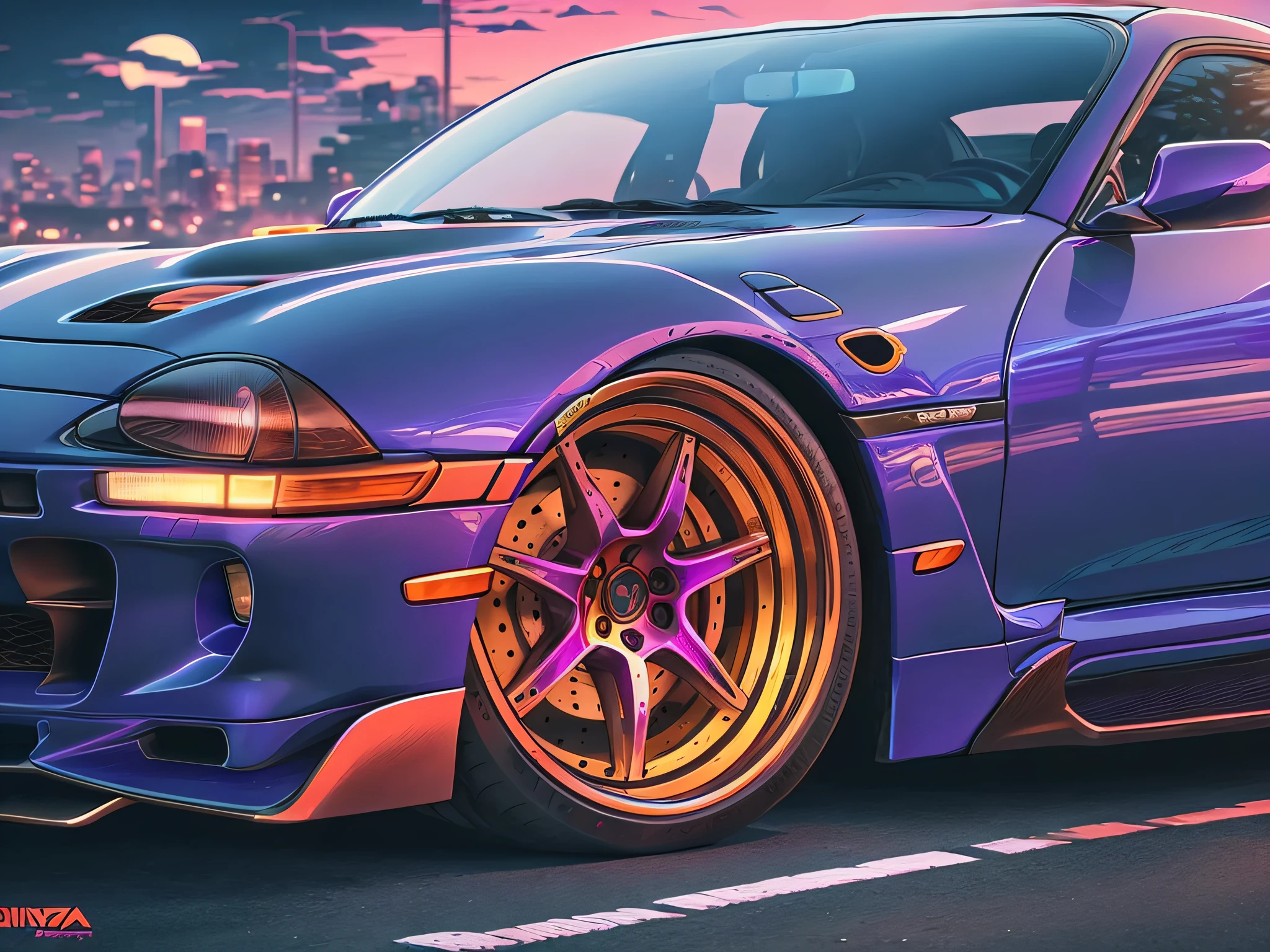 Reverse wave. City, Toyota Supra MK4, wide-body kit, road, purple neon, sun, close-up
(masterpiece, detailed, high resolution),