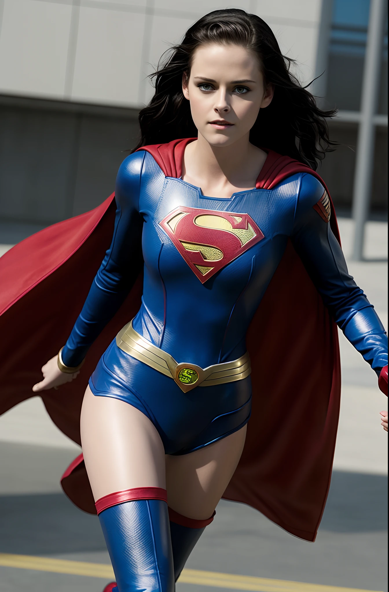 Face of Kirsten Stewart, Kirsten Stewart as Super Girl, black hair, medium hair, full body portrait, wearing Super Girl outfit, sexy, cleavage, breasts showing, 8k, uhd, Super heroine, perfect face, High clarity eyes, movie screen cap, movie still, perfect hands, perfect fingers, perfect body shape, Super Girl Wallpaper, Dc comics,full outfit, original super girl outfits, super girl movie, super girl series,