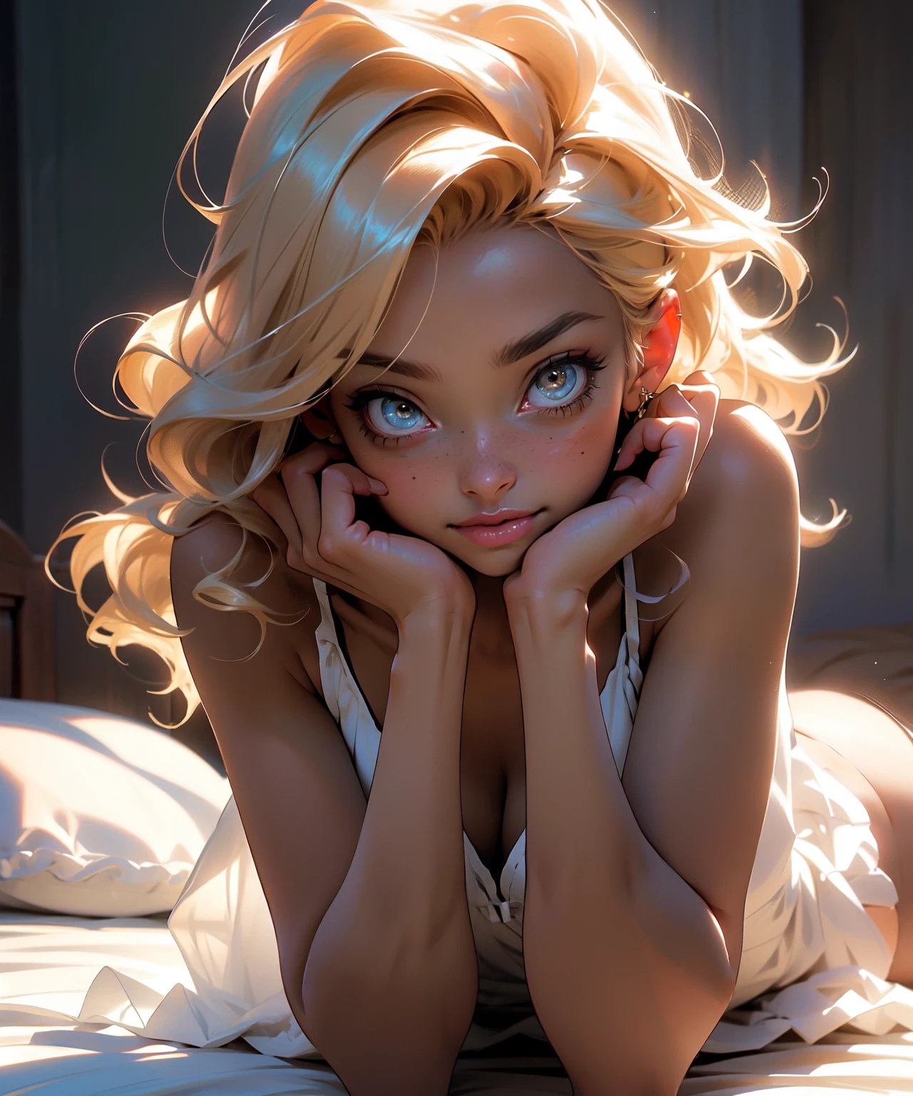 melancholy lighting, quiet, calm, brightness, masterpiece, best quality, 1girl, (JinxLol:1.2), (ultra photorealistic:1.3), (masterpiece:1.4), best quality, ((realistic)), high quality, ultra detailed, ((real image)), ((realistic skin)), ((realistic face)),(illustration:1.05), (beautiful:1.05), (beautiful detailed eyes:1.05), (cinematic light:1.1), full body, precise proportions, 18-year-old girl, skinny model lying next to the bed, SHORT BLONDE hair fluttering in the wind,  tulle, long legs, feet slightly open, buttocks, blush, shyness, collarbone, abdominals, double weave, beautiful and delicate face, fair skin, real skin, (face detail), pores, super high resolution, 8k, parameters Best quality, masterpiece, super high resolution, (Realistic 2.0), More details, detailed skin, transparent panties, wide smile, white teeth, hair SHORT CURLY BLONDE voluminous, perfect and well-designed eyes,  Girlfriend, Beautiful, Beautiful, Flowers, Studio Lighting