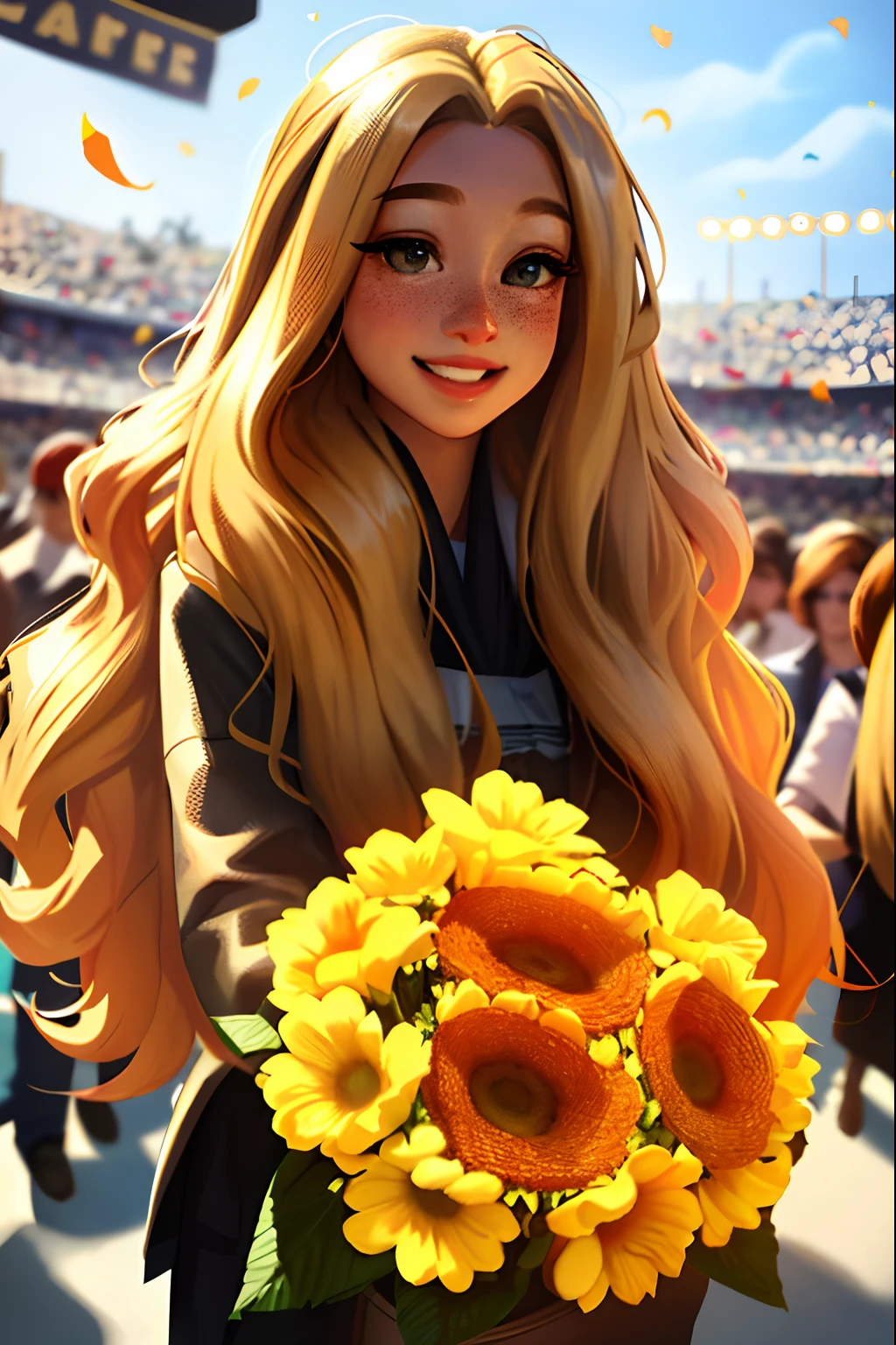 Sam Yang, 1girl, blonde, long curly hair, hazel eyes, happy, celebrating, in the middle of a crowd, stadium backround, holding flowers, parted lips, jewelry, freckles, looking at viewer, day, depth of field, ((masterpiece))