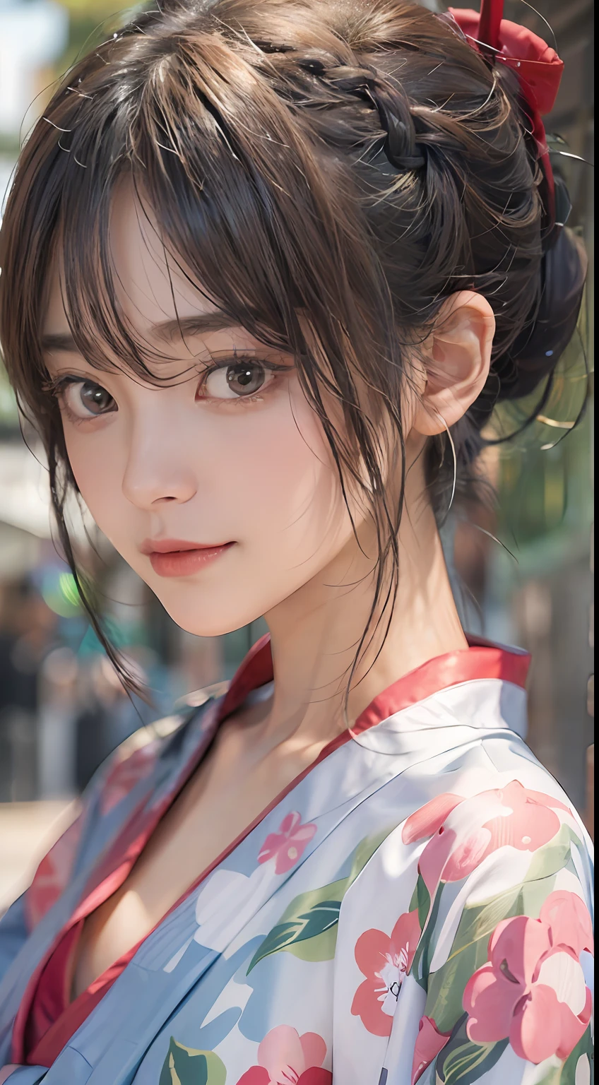 ​masterpiece、1 beautiful girl、A detailed eye、Puffy eyes、top-quality, 超A high resolution, (Realisticity: 1.4), OriginalPhotographs,cinematlic lighting、japanes、Asian Beauty、neat atmosphere、Super beauty、Beautiful skin、A slender、(A hyper-realistic)、(hight resolution)、(8K)、(ighly detailed)、(Best Illustration)、(beautifully detailed eyes)、(ultra-detailliert)、(wall-paper）、（A detailed face）、looking at viewert、fine detailed、A detailed face、pureerosfaceace_v1、Very smiling、46-point diagonal bangs、Facing straight ahead、Wear a brightly colored yukata、The chest is large、Black colored eyes、The body is facing forward、Vivid street trees、(((The hem area is wide open, revealing bare feet and pubic area.))、(((No bra)))、(((Don't wear panties)))、((Pubic hair grows on the pubic area))、Reddening cheeks、(((Full body like)))、Small breasts、Taut、big breasts thin waist、skinny thigh、Thin leg、Beautiful skin、((The yukata is greatly disturbed.))、