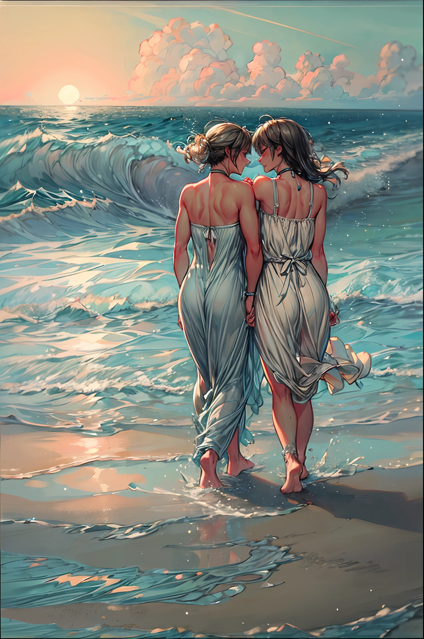 On a moonlit beach, two women walk hand in hand along the shoreline, the waves gently lapping at their bare feet. The silvery light reflects off the water, casting a romantic glow on their faces. With the stars twinkling above and the distant sound of crashing waves, their lips meet in a tender kiss filled with longing and connection. The salty breeze carries their laughter and the scent of the sea, enveloping them in a serene and passionate moment. The scene is captured in a dreamy, soft-focus style using pastel colors and gentle brushstrokes, conveying the timeless nature of their love.