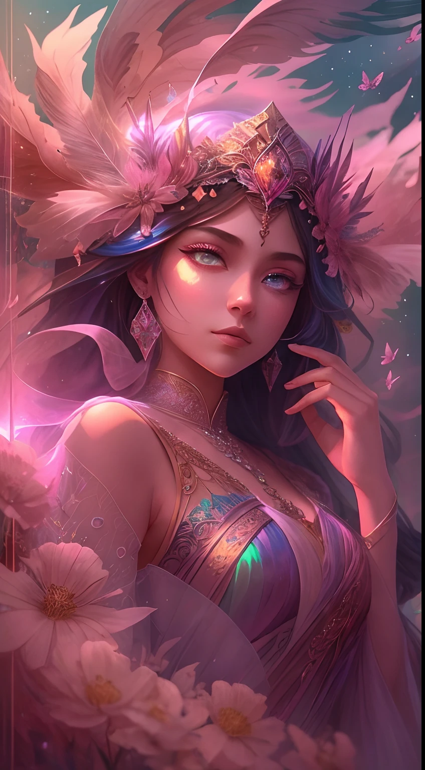 (((masterpiece))), (((best quality))), ((ultra-detailed)),(highly detailed CG illustration), ((an extremely delicate and beautiful)),cinematic light, Create a stunning fantasy artwork that mimics the style of currently trending masters of the genre. The art piece should contain elements of both mythic fantasy and fairytale fantasy with colorful accents. ((Utilize various shades of pink and watercolor pastels as the main color scheme.)) The character in the artwork is a delicate but strong petite figure with an aura of mystery and magic. Pay close attention to intricate facial features, such as mesmerizing eyes with vibrant colors and bold shading. The character's clothing should be designed with gossamer feathers, silk, stunning embroidery, and subtle iridescent details. Incorporate dreamy colors, dynamic lighting, and detailed background elements to create a sense of awe and immersion. Include colorful flying magical birds and jewel-toned butterflies radiating a magical aura. Consider the latest trends in fantasy art, such as incorporating unique lighting effects, exploring dynamic and compelling composition techniques, and experimenting with unique color palettes. Take inspiration from the top artists on ArtStation and Midjourney. Camera: Choose an angle that highlights the character's beauty and enhances the magical majesty of the artwork. Lighting: Utilize atmospheric lighting techniques to create depth and mood. Resolution: Aim for a high-resolution artwork to showcase intricate details and clarity. Art Inspirations: Seek inspiration from the trending artists on ArtStation, exploring different styles, genres, and themes.
