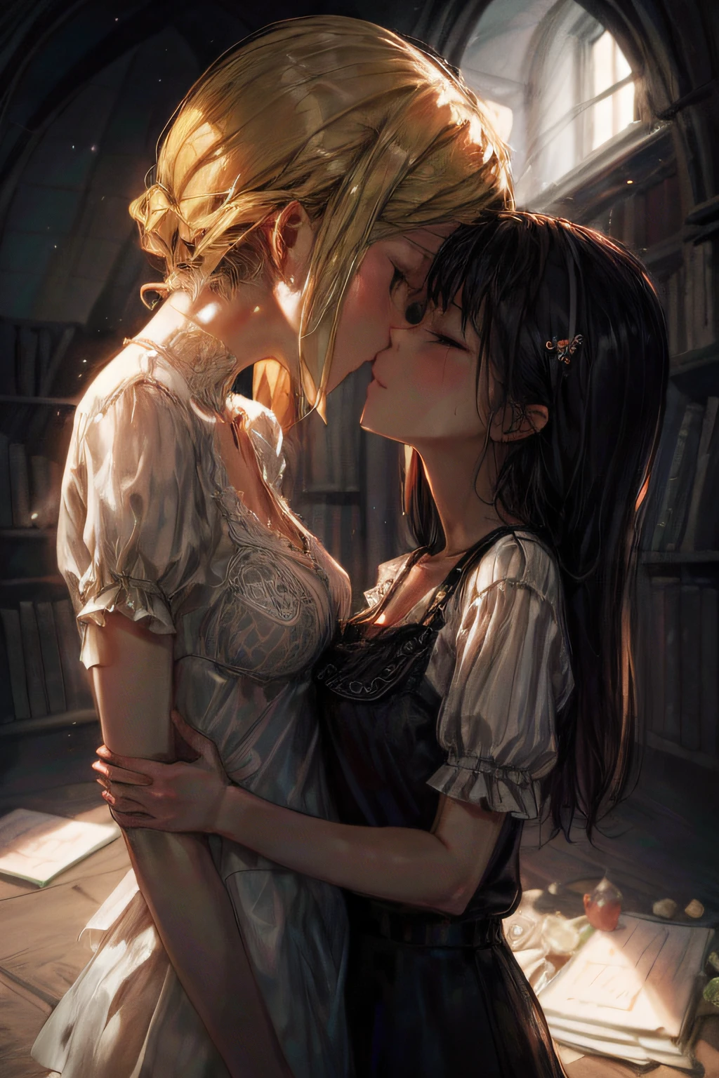 In a cozy, candlelit attic room adorned with vintage lace curtains, two women share a stolen moment of affection. Their lips press together in a passionate kiss, and their fingers entwine in each other's hair. A half-finished canvas leans against an easel in the corner, suggesting their shared love for art. The warm glow of the candles casts soft shadows on their flushed cheeks and the wooden floor. The room feels like a sanctuary where their love can bloom freely, an atmosphere of intimacy and self-discovery captured in a realistic photographic style. Shot with a 50mm prime lens at f/2.8 to create a shallow depth of field, highlighting the women while gently blurring the background