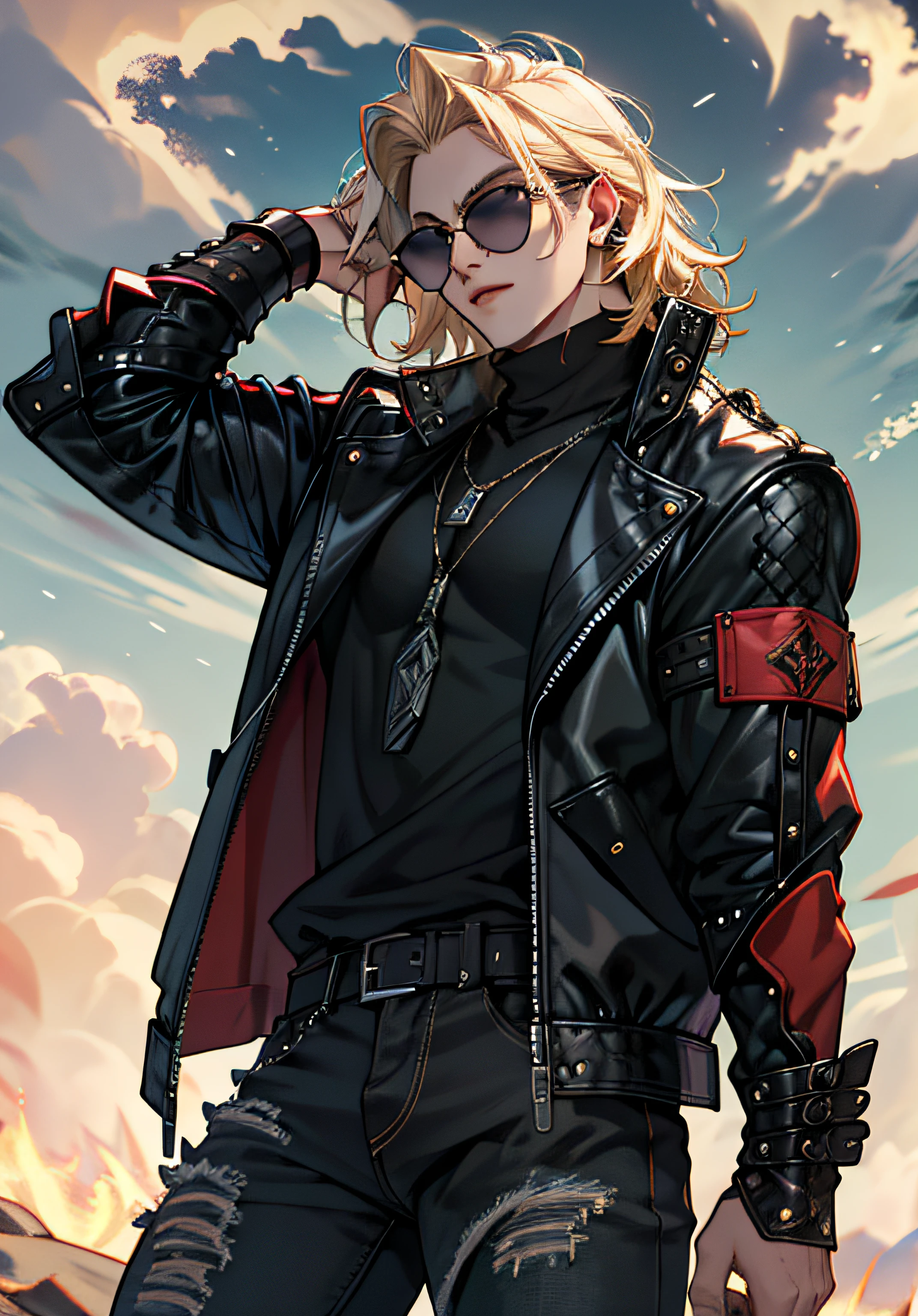 vampire style, ((Melhore o rosto)), ((piece of master, obra prima, melhor qualidade)), ultra detalhado 8k, Absurdo, 1 Thor masculino, Solo wearing a studded motorcycle jacket and black jeans, (Posar: Lestat), Noite de chuva, (((Sentado no telhado de casa))) with sunglasses, raios ao redor de si, thunders, thunders , cabelo blond, cabelo longo, roupas pretas, vestes pretas, Nebula and smoke, Pano preto, tempo fechado, tempo nublado, Tempo escuro, Cidade, raios ao redor , com o planeta terra no fundo, Braceletes pretos cravejados,