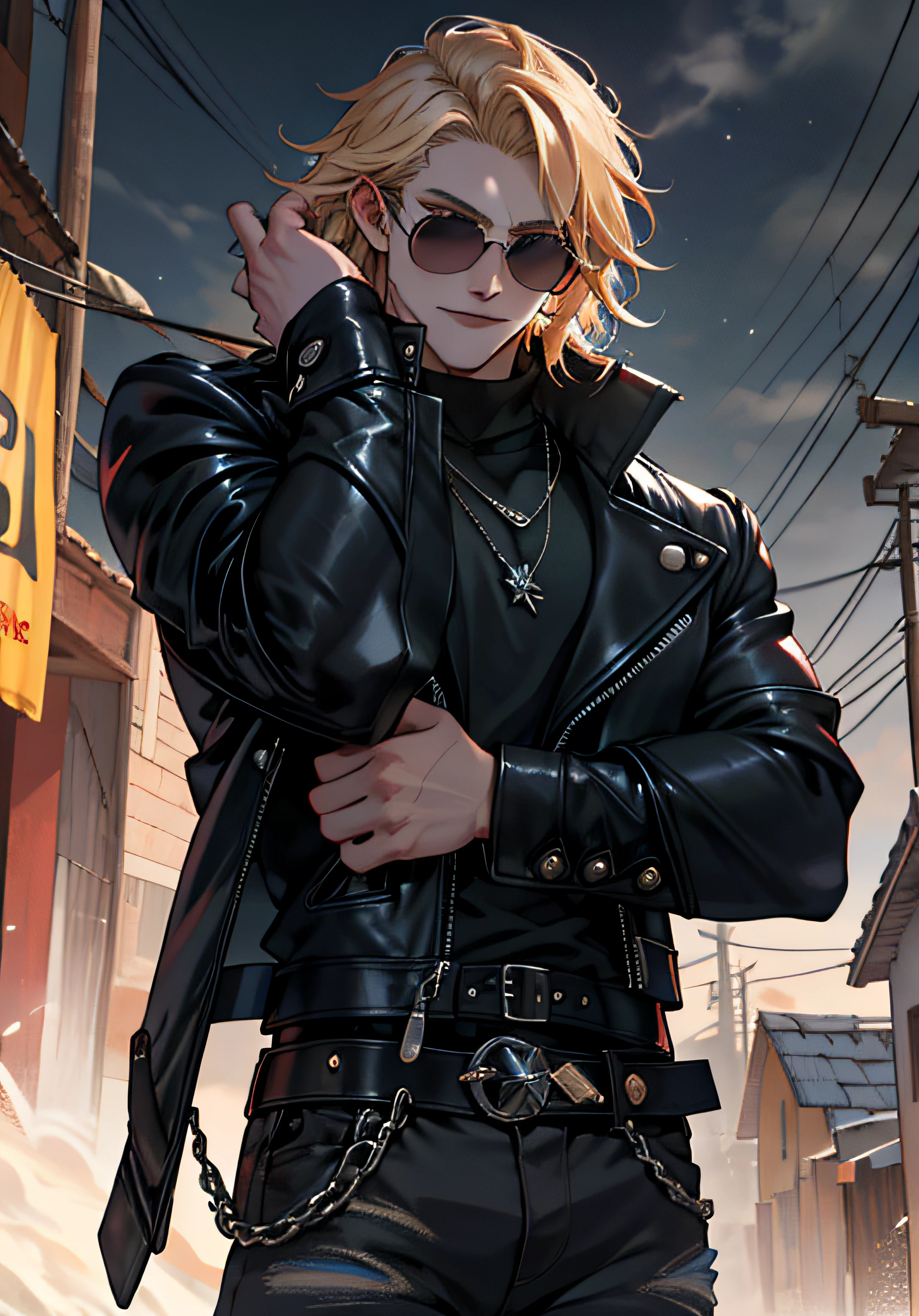 vampire style, ((Melhore o rosto)), ((piece of master, obra prima, melhor qualidade)), ultra detalhado 8k, Absurdo, 1 Thor masculino, Solo wearing a studded motorcycle jacket and black jeans, (Posar: Lestat), Noite de chuva, (((Sentado no telhado de casa))) with sunglasses, raios ao redor de si, thunders, thunders , cabelo blond, cabelo longo, roupas pretas, vestes pretas, Nebula and smoke, Pano preto, tempo fechado, tempo nublado, Tempo escuro, Cidade, raios ao redor , com o planeta terra no fundo, Braceletes pretos cravejados,