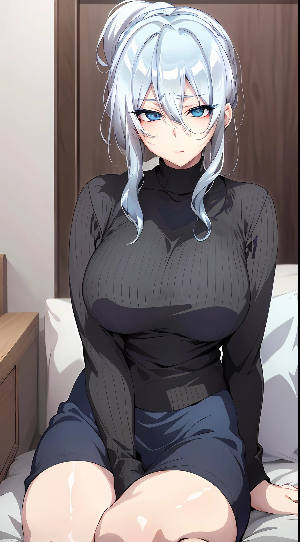 in bed, silver hair and  blue eyes, black shirt and no bra, anime visual of a cute girl, screenshot from the anime film, & her expression is solemn, in the anime film, in an anime, anime visual of a young woman, she has a cute expressive face, still from anime, big breast, red cheek, lustful face, fair skin