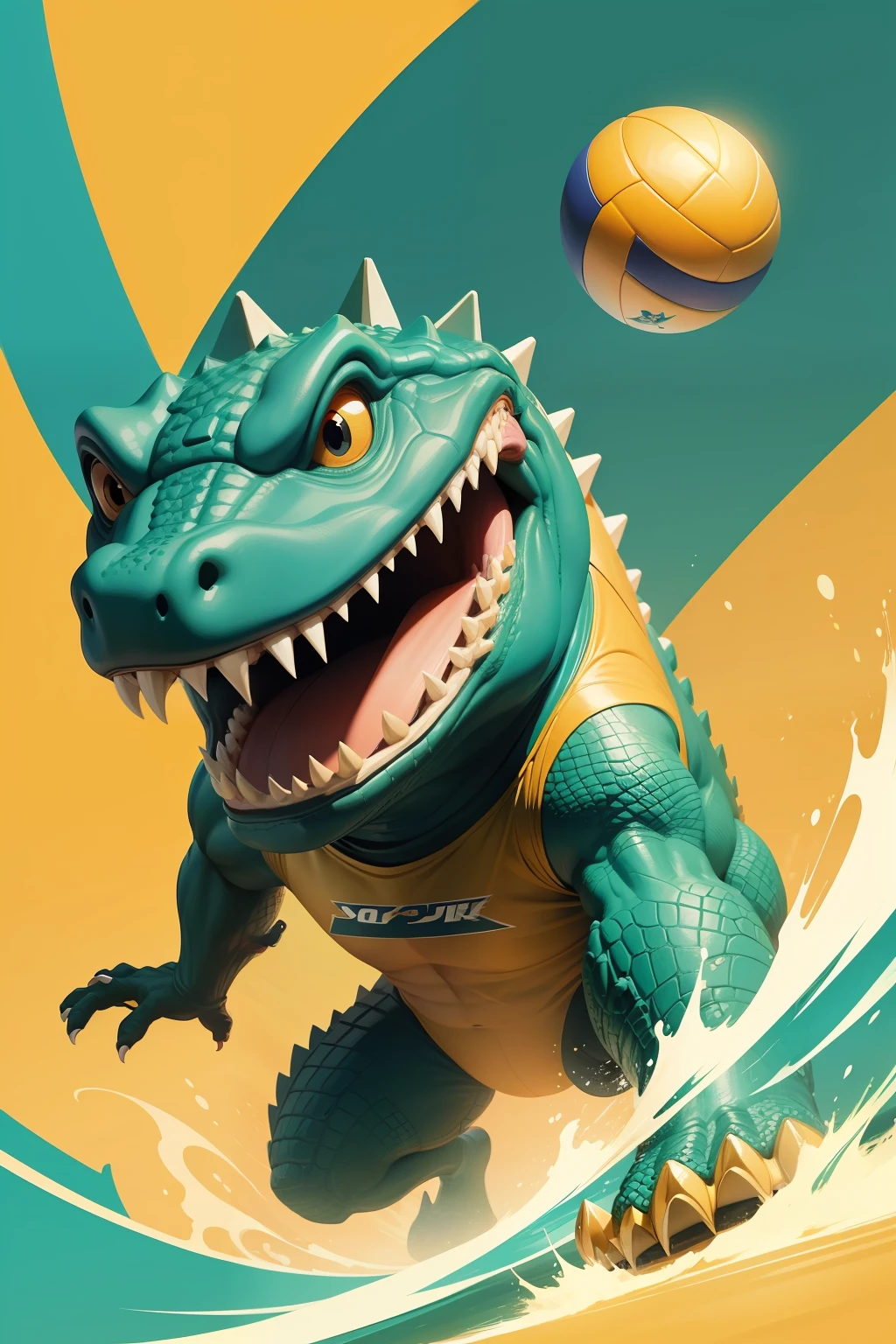 Make a flyer with a humanoid crocodile playing volleyball, illustration style