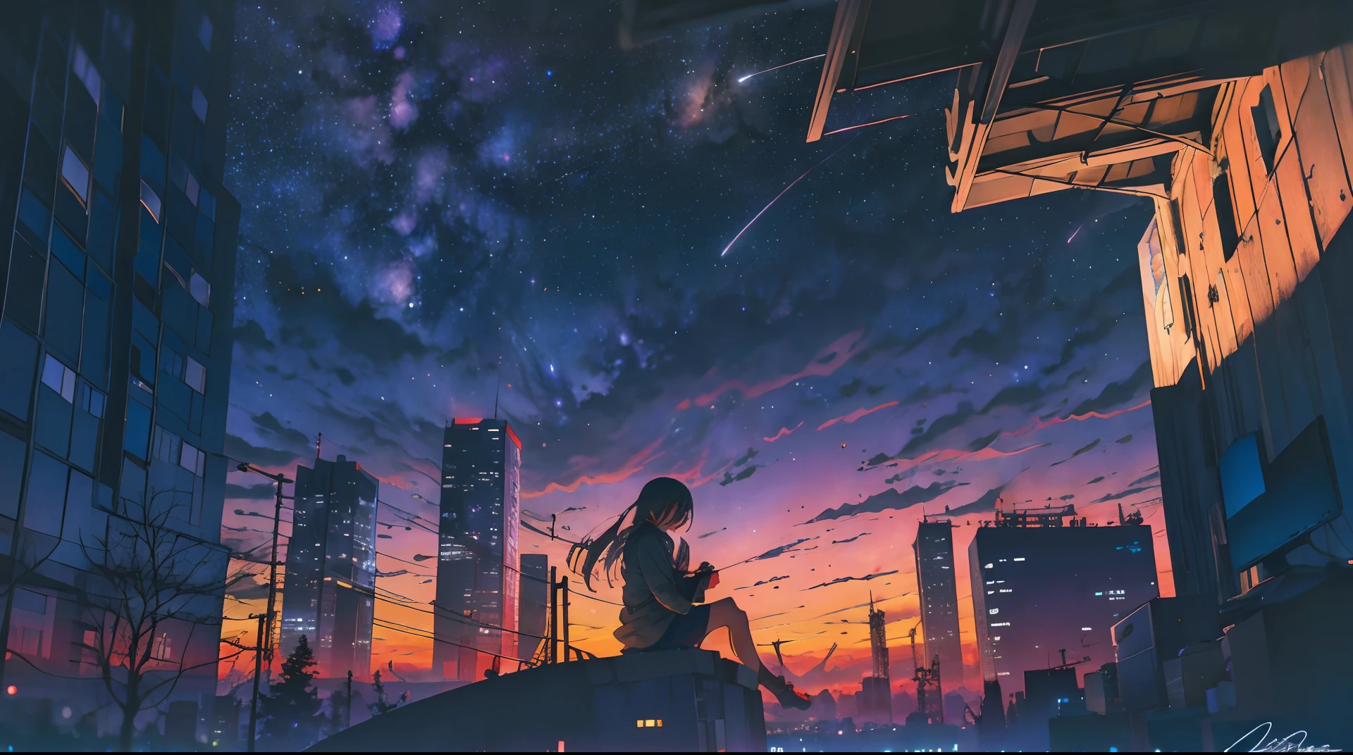 octane, sky, Star (sky), scenery, Starry sky, Night, 1girll, Night sky, Solo, Outdoors, signatures, Building, Cloud, Milky Way, Sitting, tree, Long hair, City, Silhouette, Cityscape