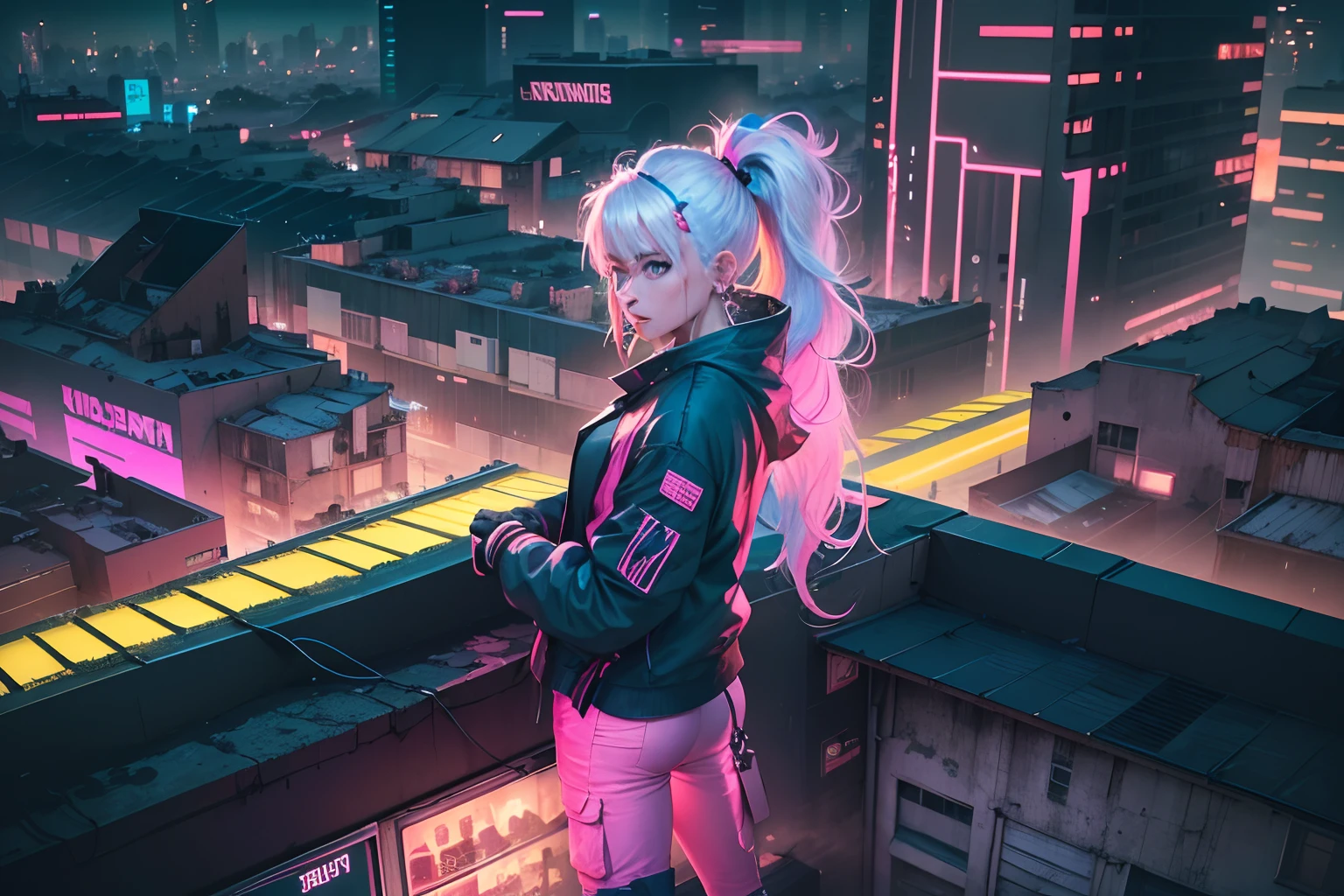 (masterpiece, 4k ,ultra detailed:1.2),(anime:1.2),illustration,(realistic:1),
(solo:1.4),
(panorama,Two-point perspective:1.4),aerial shot,
(landscape,outdoor,night,midnight,cyberpunk,rooftop:1.2),(skyscraper,cityscape:1.4),
(neon sign,blue neon,pink neon,yellow neon:1.4),
(neon color trench coat,neon color sneaker:1.2),(t-shirt,cargo pants:1.3),
(platinum white hair,ponytail:1.2),(supermodel:1.4),