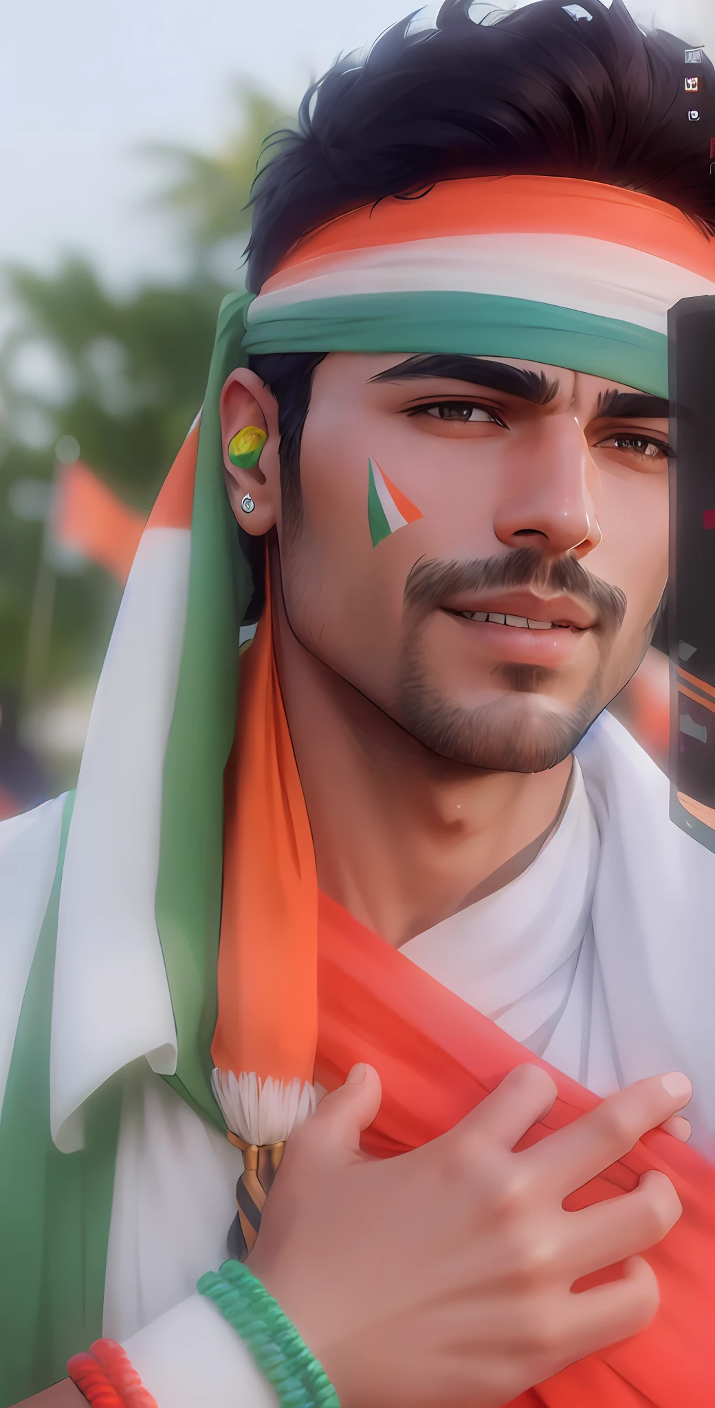 arafed man with indian flag painted on his face holding a cell phone, artwork in the style of guweiz, inspired by Saurabh Jethani, indian, 8k artgerm bokeh, close - up portrait shot, ultra detail. digital painting, handsome stunning realistic, # 1 digital painting of all time, #1 digital painting of all time
