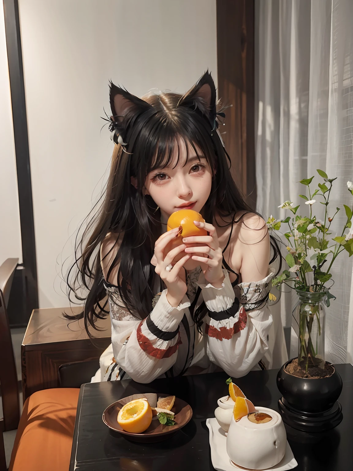 There was a woman sitting at a table eating oranges, woman with cat ears, Girl with cat ears, She was eating oranges, Sexy girl，cute female child，Beautiful girl，goddes