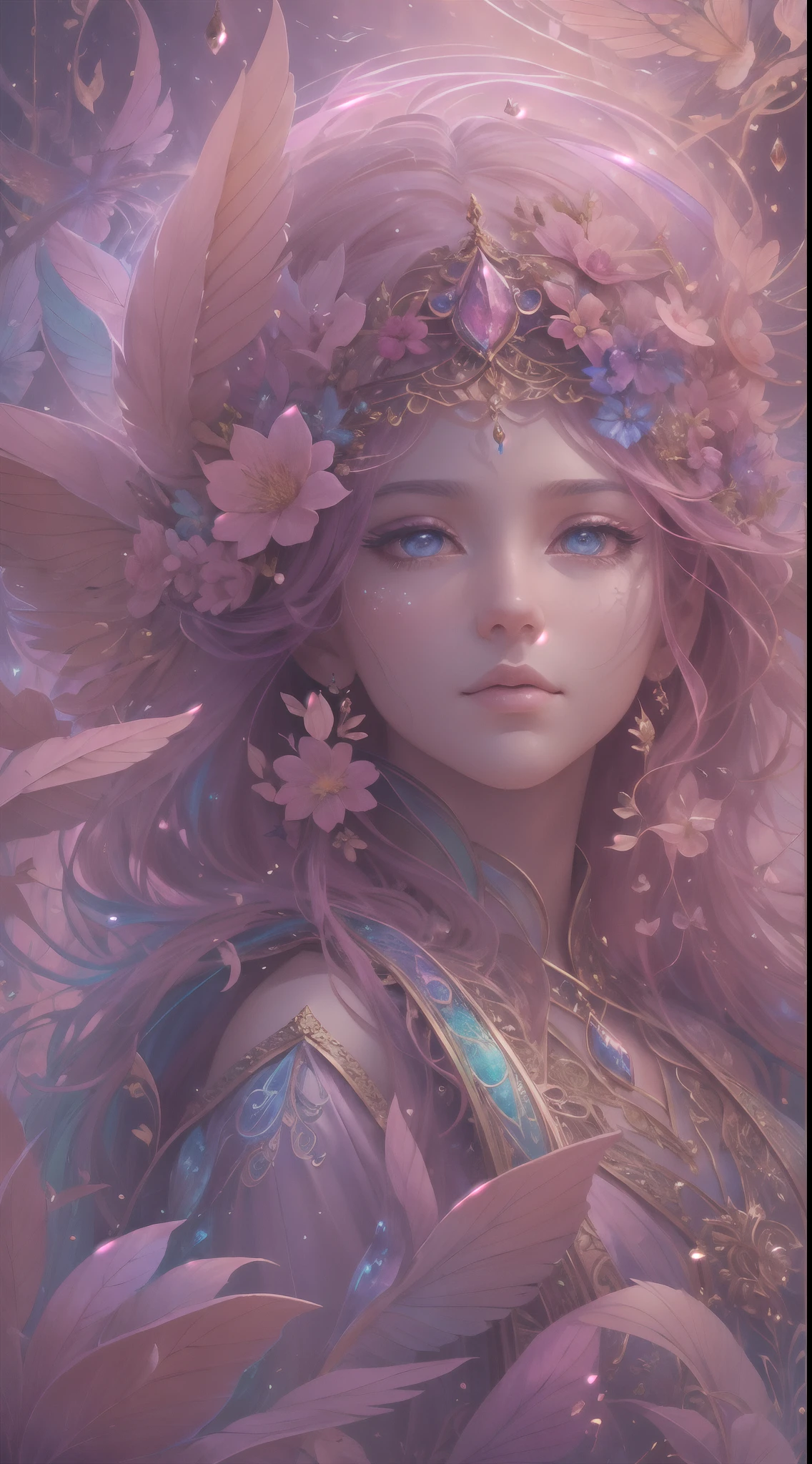 (((masterpiece))), (((best quality))), ((ultra-detailed)),(highly detailed CG illustration), ((an extremely delicate and beautiful)),cinematic light, Create a stunning fantasy artwork that mimics the style of currently trending masters of the genre. The art piece should contain elements of both mythic fantasy and fairytale fantasy with colorful accents. ((Utilize various shades of pink and watercolor pastels as the main color scheme.)) The character in the artwork is a delicate but strong petite figure with an aura of mystery and magic. Pay close attention to intricate facial features, such as mesmerizing eyes with vibrant colors and bold shading. The character's clothing should be designed with gossamer feathers, silk, stunning embroidery, and subtle iridescent details. Incorporate dreamy colors, dynamic lighting, and detailed background elements to create a sense of awe and immersion. Include colorful flying magical birds and jewel-toned butterflies radiating a magical aura. Consider the latest trends in fantasy art, such as incorporating unique lighting effects, exploring dynamic and compelling composition techniques, and experimenting with unique color palettes. Take inspiration from the top artists on ArtStation and Midjourney. Camera: Choose an angle that highlights the character's beauty and enhances the magical majesty of the artwork. Lighting: Utilize atmospheric lighting techniques to create depth and mood. Resolution: Aim for a high-resolution artwork to showcase intricate details and clarity. Art Inspirations: Seek inspiration from the trending artists on ArtStation, exploring different styles, genres, and themes.