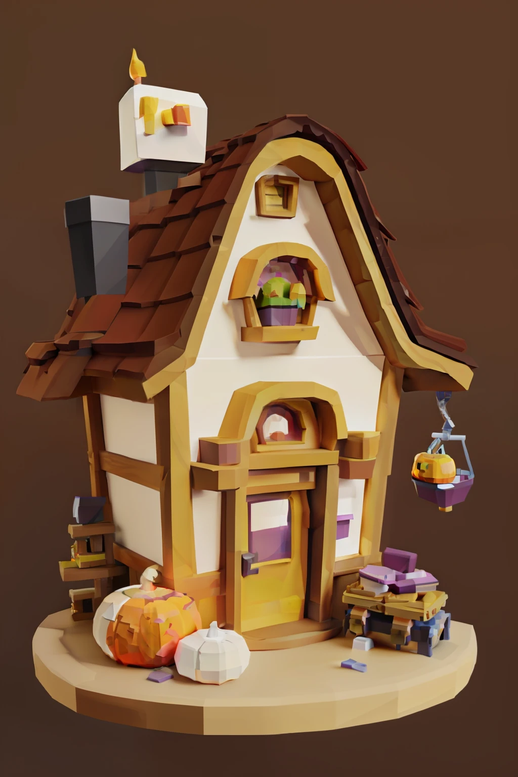 Magic House，broom，Jack - O' - Lantern，grape trees，Thorns， Game Asset style in a low poly model， isometry， Tilt - shift， 16-bit pixel art， astrology， Sepia eaves， Stylish IP for hot markets， mockup， a blind box toy， Fine gloss， white backgrounid， planar， a 3D render， oc rendered， best qualtiy， 4K， ultra - detailed