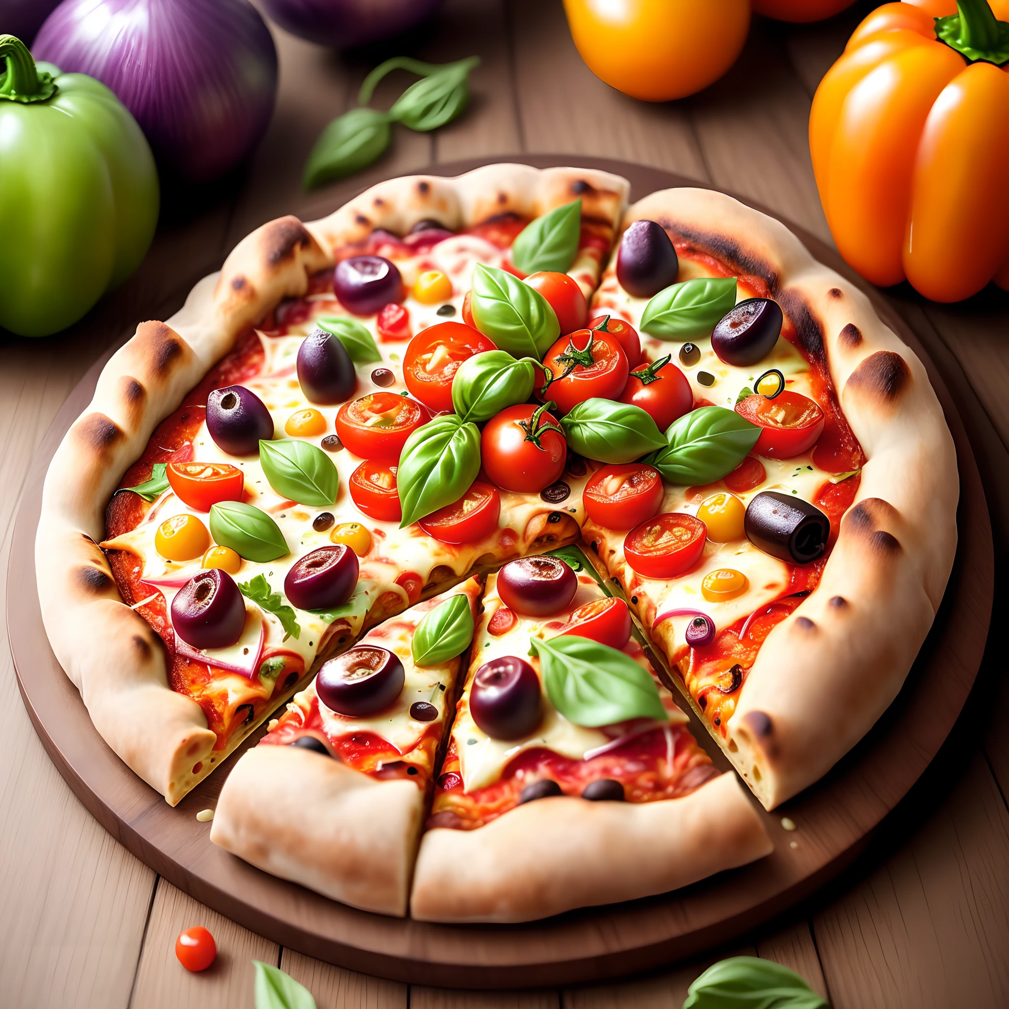 An enticing photograph of a gourmet vegetarian pizza, topped with colorful bell peppers, juicy tomatoes, olives, and red onions. The bokeh effect, skillfully applied, makes the toppings pop while the background subtly fades away. The use of strategic lighting adds depth, highlighting the textures and vibrant colors of the ingredients.