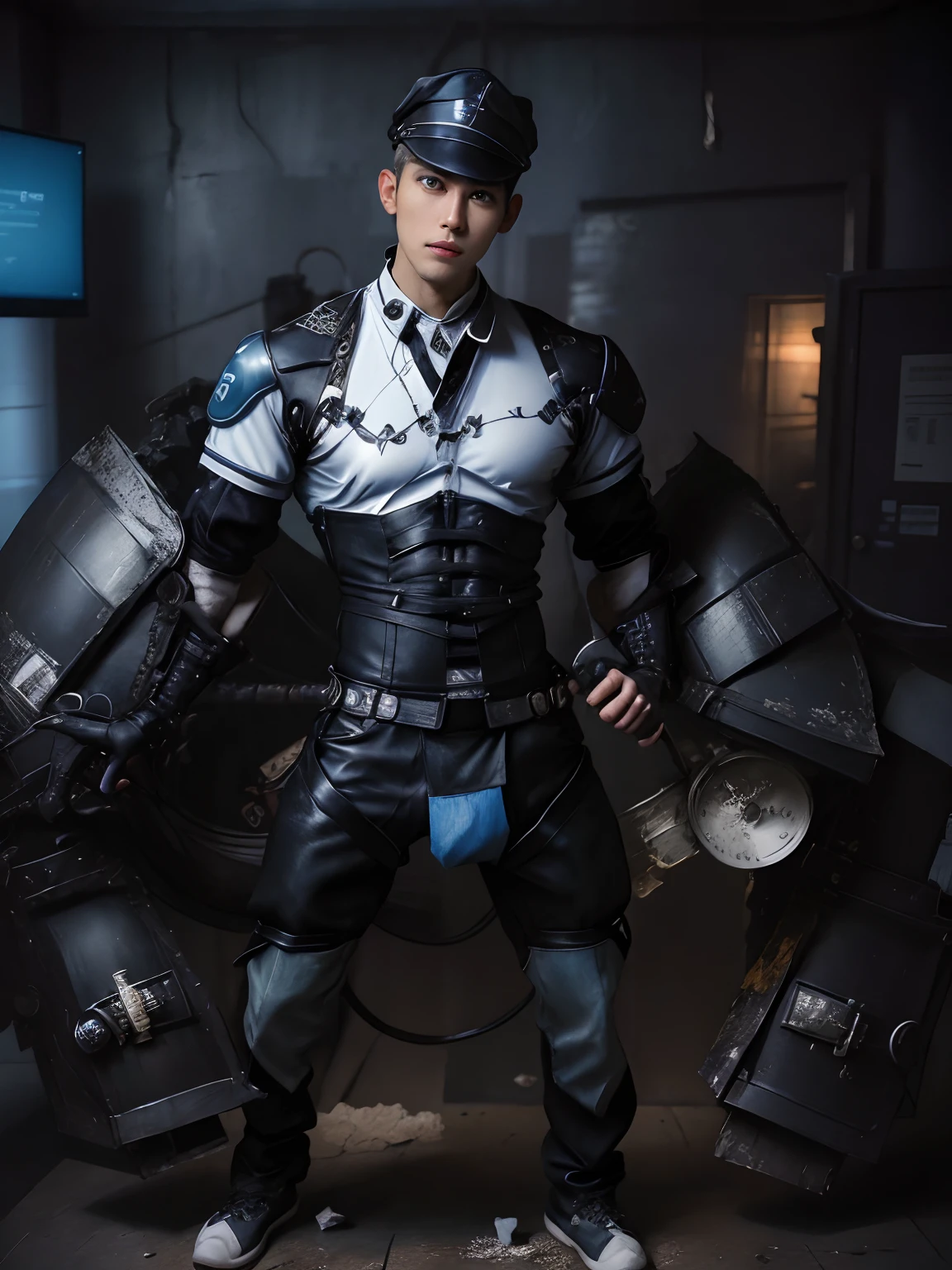 Model design，A handsome boy，Wu Yifan，police hat，Lab Room，Cord，Cyberpunk Style，（Expose muscles），Raised sexy，musculous，（nakeness）Tech style，Wu Yifan，in white and blue，greys