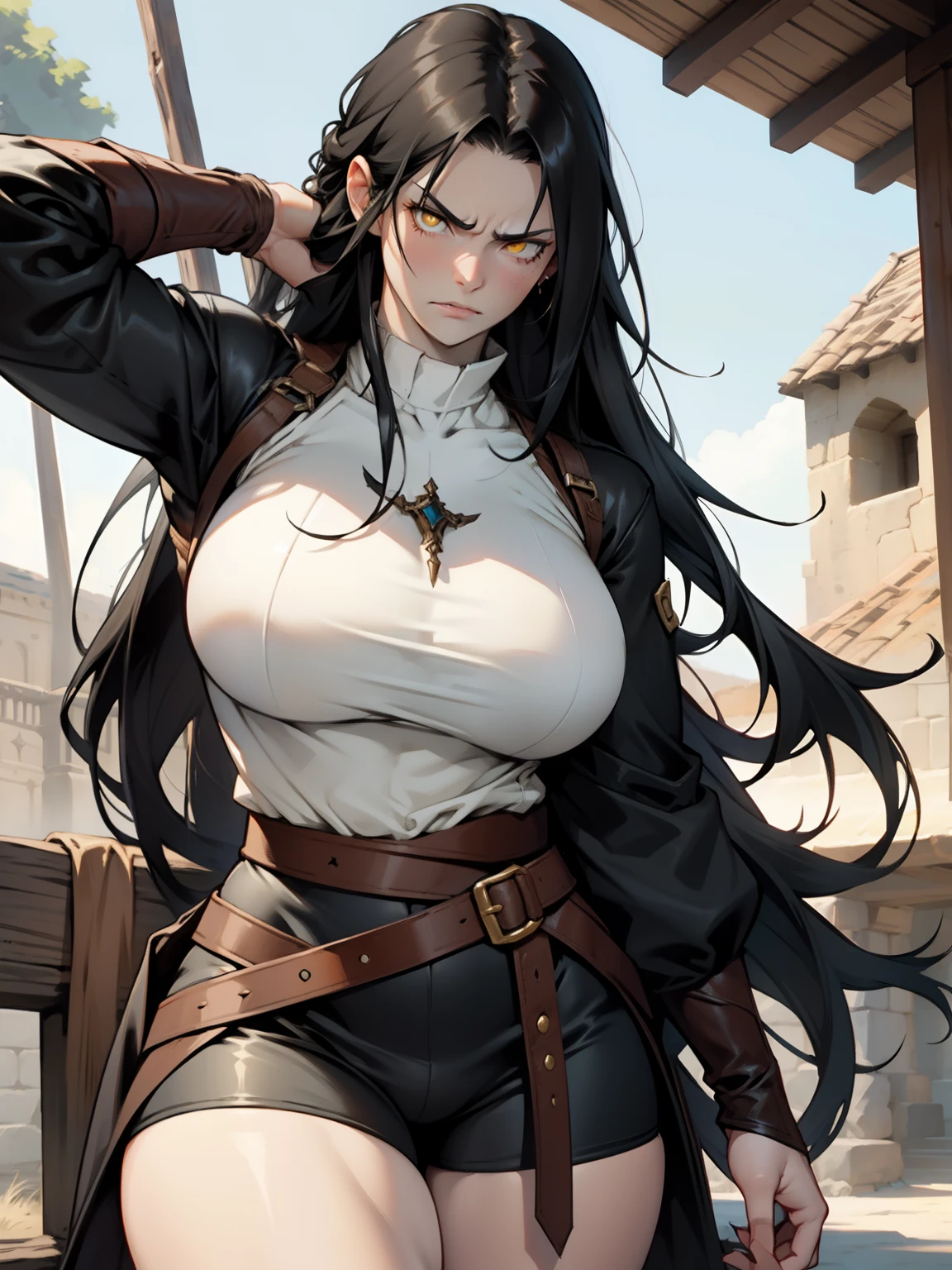 (1girl), black hair, extremely long hair, yellow eyes, muscular, huge breasts, thick thighs, solo, angry, (pale skin), cowboy shot, (medieval)