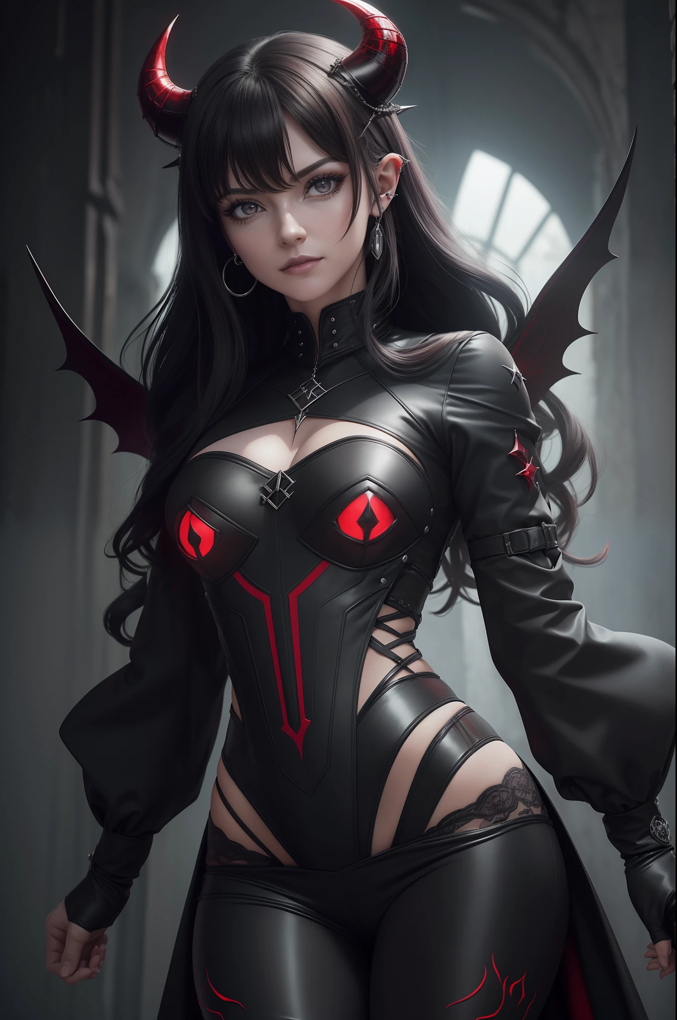 (((Natasha Cioara honkai impact 3dr))), (Estilo Aschenhardt:1.4), Obra-prima, Melhor Qualidade, Alta Qualidade,(Dark shapeless creature with dark red glow and red eyes and surrounded by darkness:1.2), (de perfil), (darkeness:1.2), Abstraction, Mar profundo, Fotografia premiada, Profundidade de campo, HDR, Muito detalhado, Trend in art stations, trend in CGSociety, Complexo, Alto detalhe,(Obra-prima:1.2, Melhor Qualidade), (best ilumination, Muito Delicado e Belo), (best ilumination, muito delicada e bonita), (belo rosto detalhado), (olhos detalhados e rosto detalhado:1.2), fantasia escura, (menina, pequena besta, 1girl, solo, sorriso louco, pale skinned,19 piercings,(tatuagens em todo o corpo, tatuagens tribais em todas as pernas)) cabelos grisalhos, olhos vermelhos brilhantes, dinamic angle, vampiro), (obter correntes, magical circles, grafite na parede, no fundo)), get demons to be summoned), Magic thunder, pointy_ears, presas, demon wings, demon horns, sangue no rosto, chuva de sangue, blood mist, (profundidade de campo), alto contraste, (respingo de sangue: 1.4), tiro de cowboy, corpo inteiro, Black lace up thigh boots, grito, sacrifice, Magnificent stage