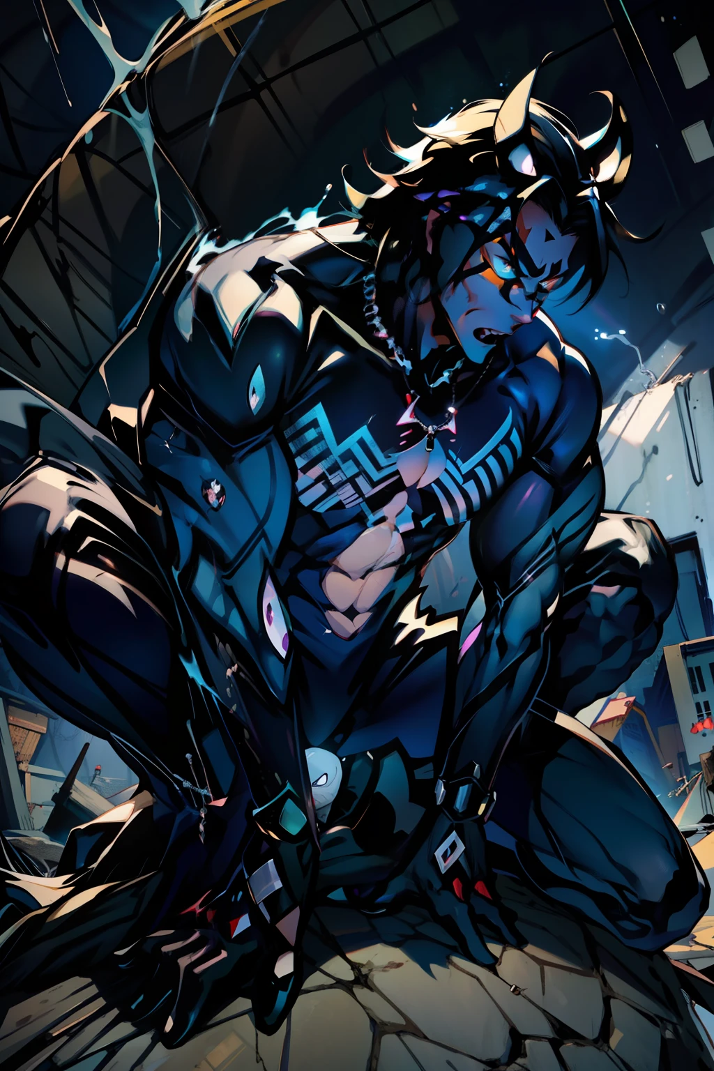 《the original god》Arataki Kazuto , male people， chest muscle， Sexy , Venom symbiote for your body, Black mucus of the body , into venom, venomize，Black bodysuit，（Cloak），Red cape，Abs，（Adult male）（（Venom possession，venom symbiote）），over-Tortoise Man，Battle damage，((Masterpiece)), ((Best quality)), Ultra detailed,((illustration)), Dynamic Angle, Detailed light, (Delicate eyes), Floating, 1boy, Male focus, Head, Clothing, Yellow eyes, necklace, tattoo, (Forehead:0.8), (ahoge:0.8), jewelry, brunette color hair,apathy，Ray， chest muscle， Sexy , Venom symbiote for your body, Black mucus of the body , （into venom）, Venom，frontage，Bust photo，White tight-fitting top，spiderman outfit，style of anime4 K， 4K anime wallpaper， Badass anime 8 K， 4 k comic wallpaper， young anime man， Anime boys， Anime wallpapers 4 k， Anime wallpaper 4K， High quality anime art style， Anime moe art style， Anime art wallpaper 8 K， Anime art wallpaper 4 K， RGB lighting，