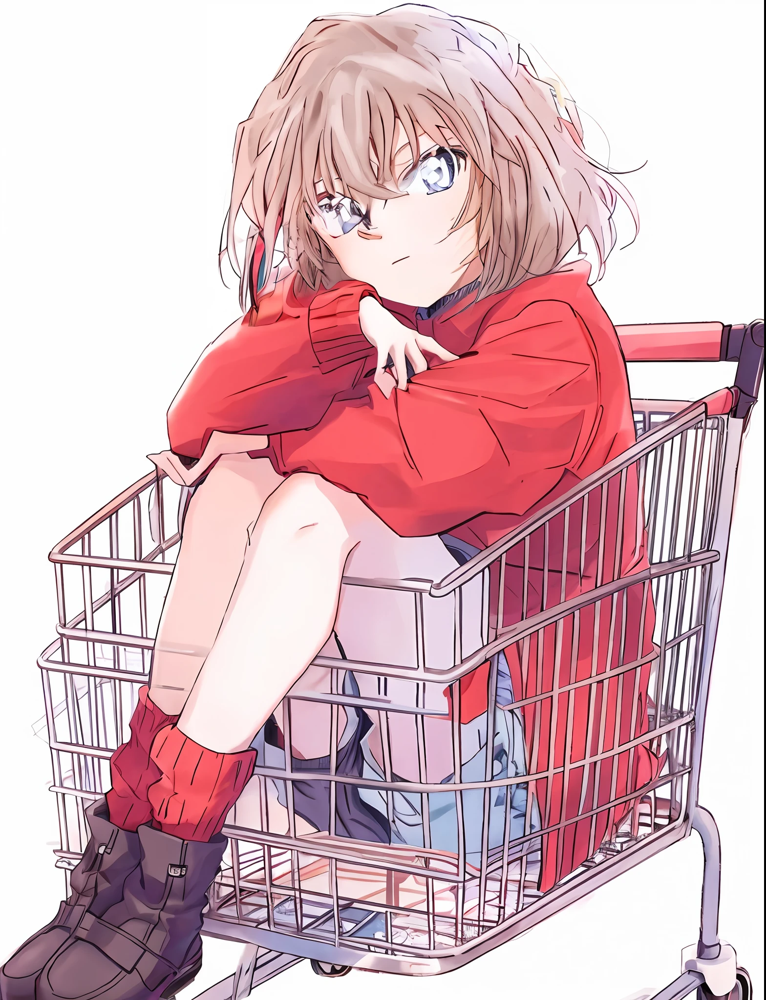 Gray plains mourn，Sit in the shopping cart，Legs crossed, Anime style portrait