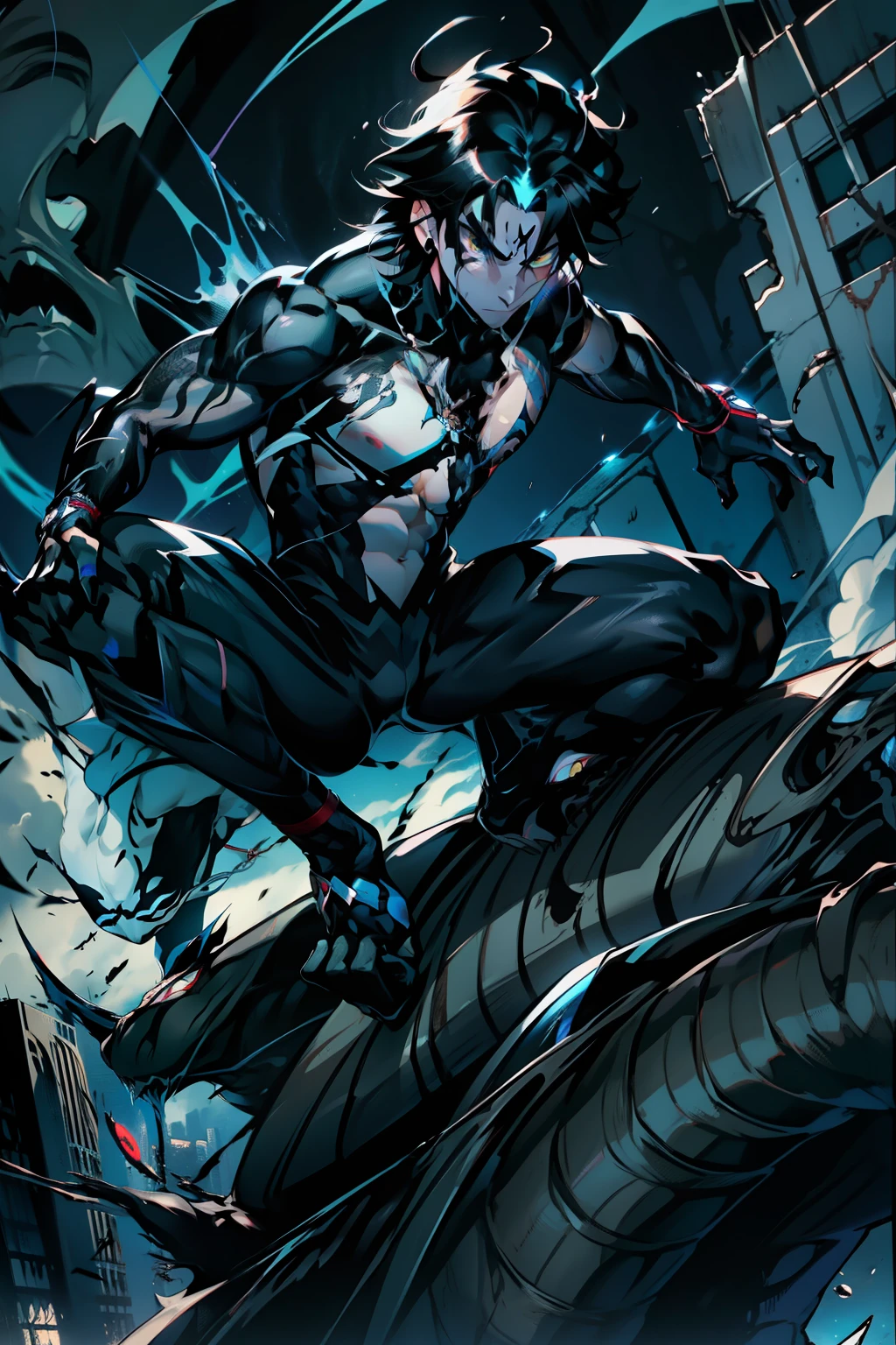 《the original god》Arataki Kazuto , male people, chest muscle, Sexy , Venom symbiote for your body, Black mucus of the body , into venom, venomize,Black bodysuit,(Cloak),Red cape,Abs,(Adult male)((Venom possession,venom symbiote)),over-Tortoise Man,Battle damage,((Masterpiece)), ((Best quality)), Ultra detailed,((illustration)), Dynamic Angle, Detailed light, (Delicate eyes), Floating, 1boy, Male focus, Head, Clothing, Yellow eyes, necklace, tattoo, (Forehead:0.8), (ahoge:0.8), jewelry, brunette color hair,apathy,Ray, chest muscle, Sexy , Venom symbiote for your body, Black mucus of the body , (into venom), Venom,frontage,Bust photo,White tight-fitting top,spiderman outfit,style of anime4 K, 4K anime wallpaper, Badass anime 8 K, 4 k comic wallpaper, young anime man, Anime boys, Anime wallpapers 4 k, Anime wallpaper 4K, High quality anime art style, Anime moe art style, Anime art wallpaper 8 K, Anime art wallpaper 4 K, RGB lighting,