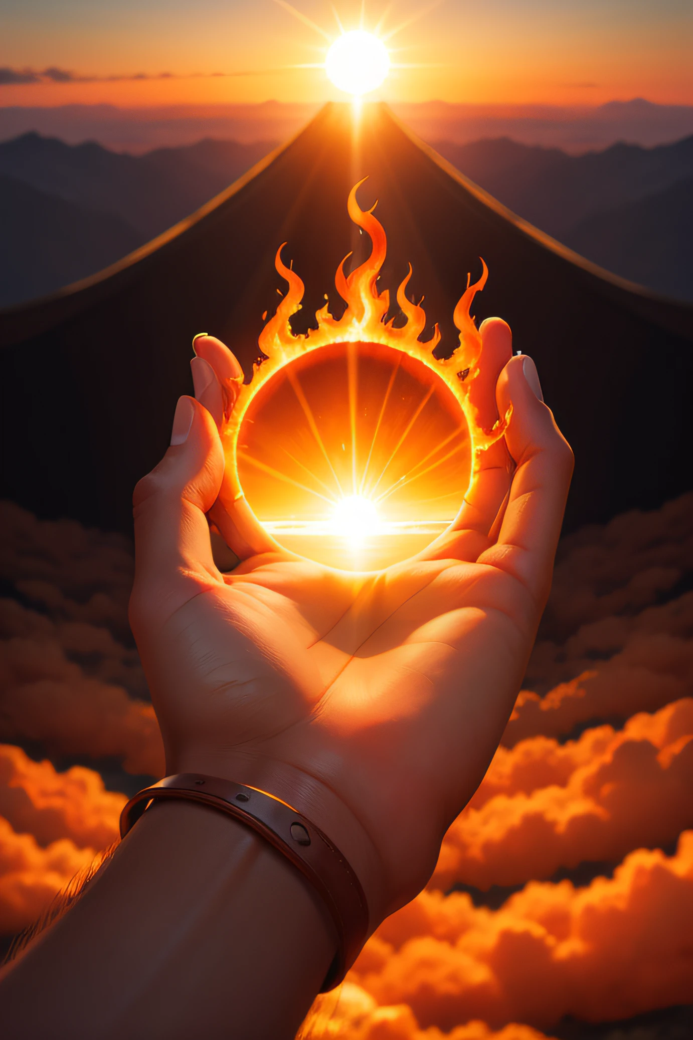 a hand holding a flaming sun