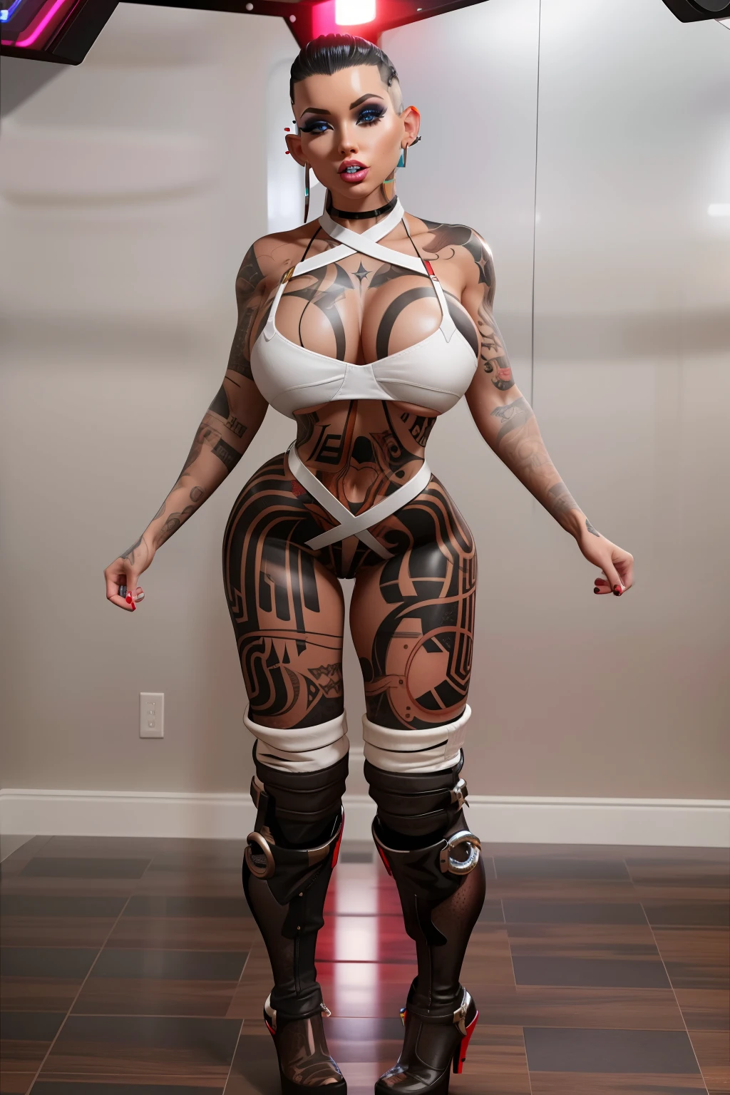 white bimbo, high heel platform boots, shiny latex, hoop earrings, bimbo, slutty, perfect fake boobs, tattoos, makeup, jack mass effect, full body view, sexy, porn star, looking at viewer