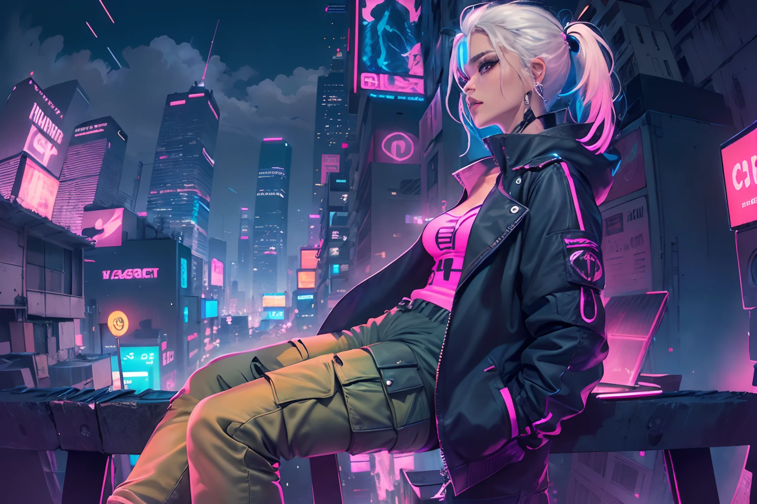 (masterpiece, 4k ,ultra detailed:1.2),(anime:1.2),illustration,(realistic:1),
(solo:1.4),
(panorama,Two-point perspective:1.4),aerial shot,(fisheye:1.2),
(landscape,outdoor,night,midnight,cyberpunk,rooftop,sky:1.2),(skyscraper,cityscape:1.4),
(neon sign,blue neon,pink neon,yellow neon:1.4),
(neon color trench coat,neon color sneaker:1.2),(t-shirt,cargo pants:1.3),
(platinum white hair,ponytail:1.2),(supermodel:1.4),