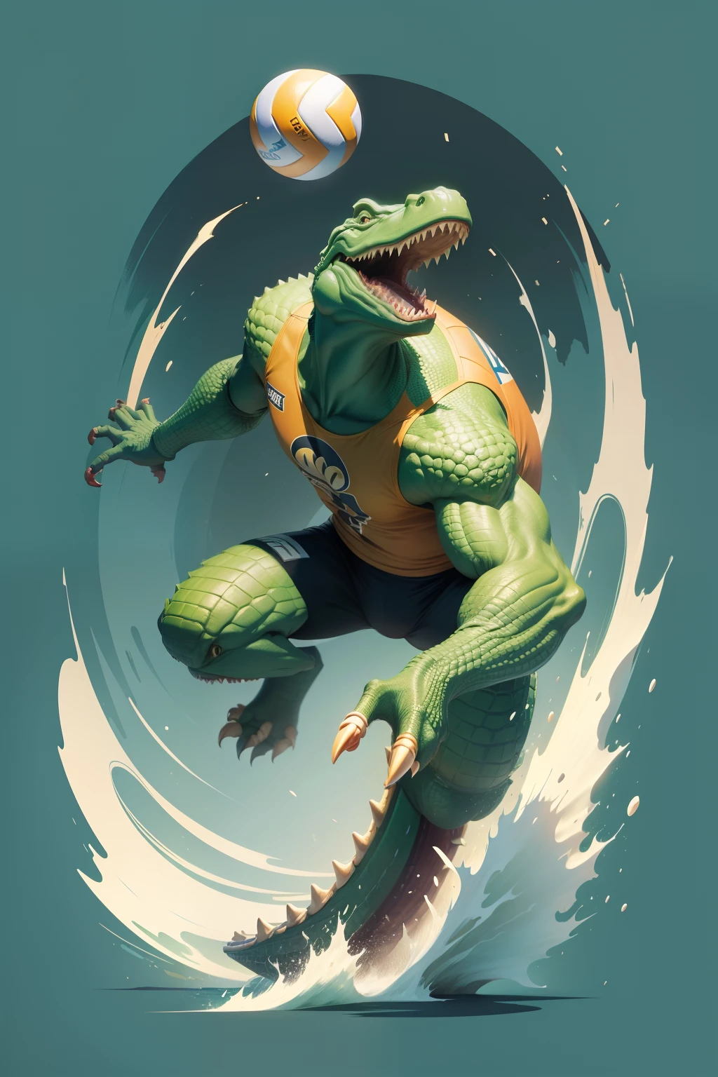 Make a flyer with a humanoid crocodile playing volleyball, illustration style