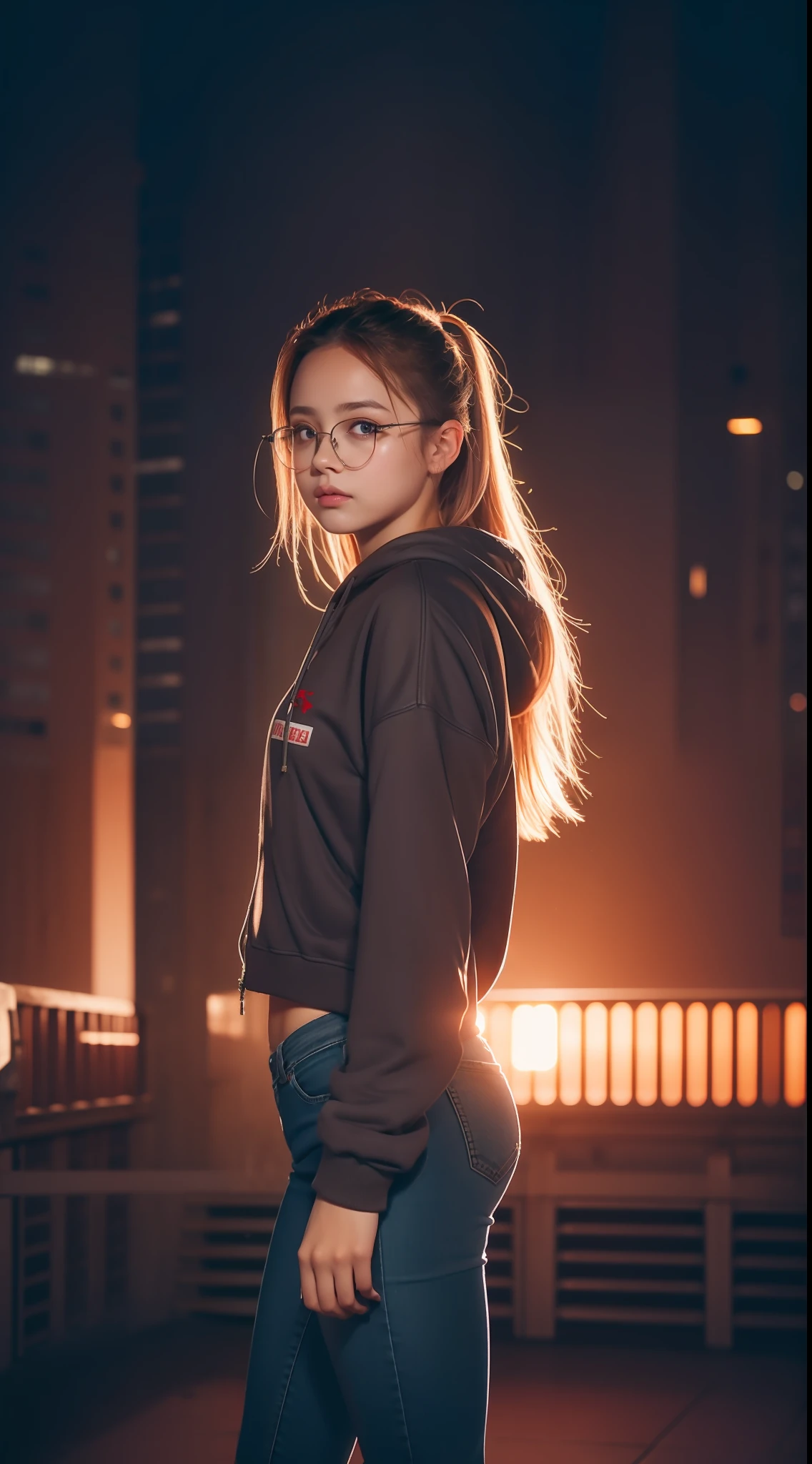 Beautiful young Sydney Sweeney, glasses, hooded sweatshirt, denim leggings, hyperrealistic, 14, model body, big breasts, beautiful breasts, big hips, long hair, ponytail, blonde hair, long legs, 8k, CITY FUTURISTIC, cherry blossom, sunrise, led lighting, blood on the wall, pool of blood, full of human remains, detailed reflection, anime style, sad