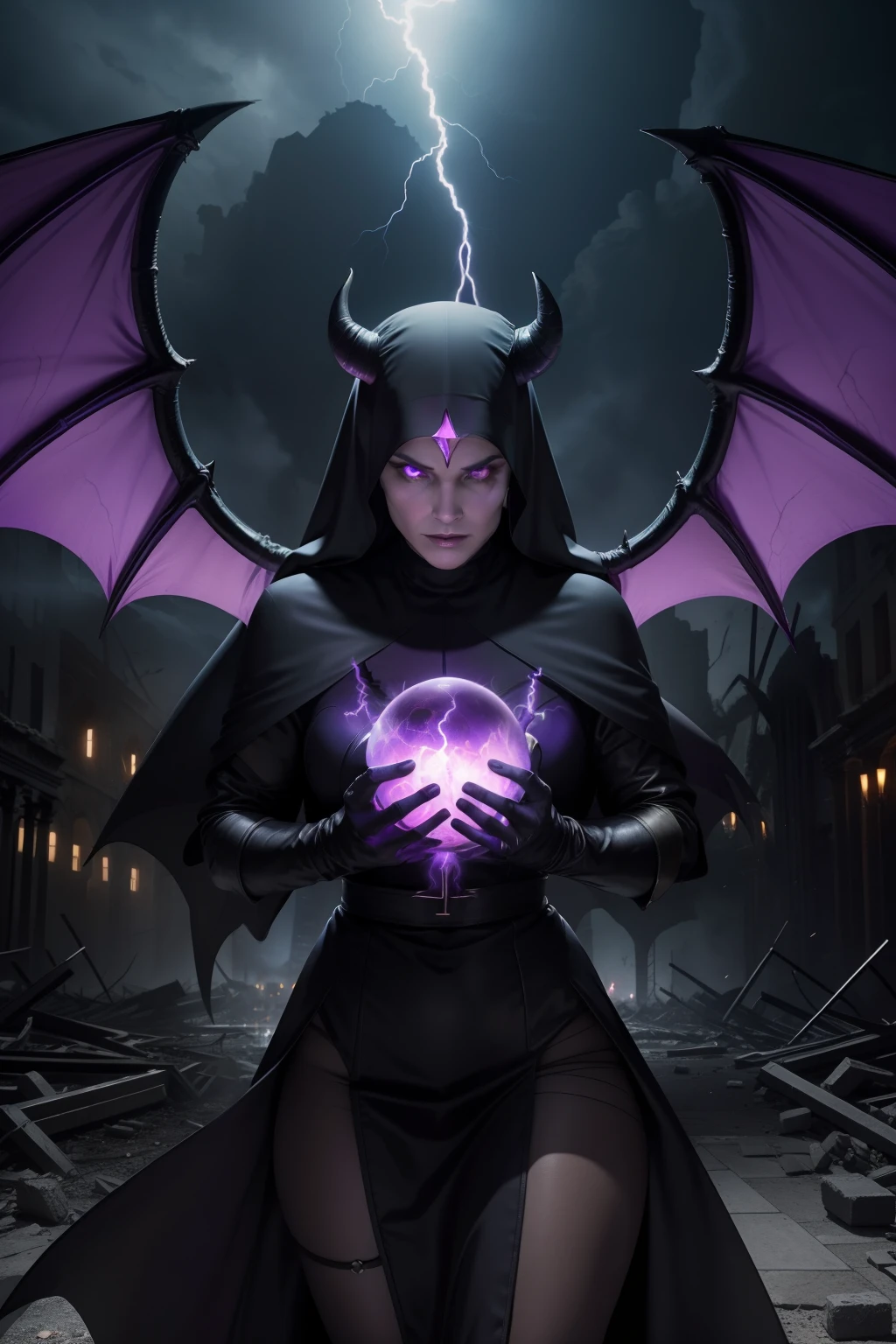 Lisa Ann: The evil nun, Demon horn, Demon wings on the head , His hands preparing a sphere of purple energy, diabolique, insidieux, Lightning strikes the post-apocalyptic ruins of a city , Context of the Satanic Church
