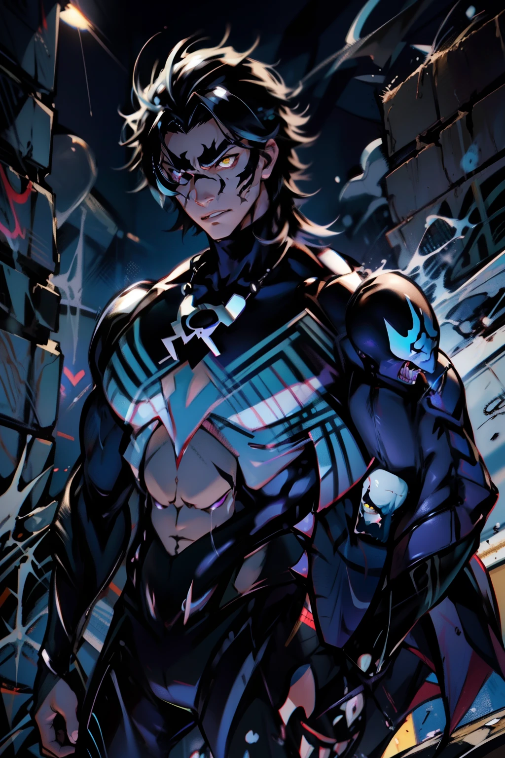 《the original god》Arataki Kazuto , male people, chest muscle, Sexy , Venom symbiote for your body, Black mucus of the body , into venom, venomize,Black bodysuit,(Cloak),Red cape,Abs,(Adult male)((Venom possession,venom symbiote)),over-Tortoise Man,Battle damage,((Masterpiece)), ((Best quality)), Ultra detailed,((illustration)), Dynamic Angle, Detailed light, (Delicate eyes), Floating, 1boy, Male focus, Head, Clothing, Yellow eyes, necklace, tattoo, (Forehead:0.8), (ahoge:0.8), jewelry, brunette color hair,apathy,Ray, chest muscle, Sexy , Venom symbiote for your body, Black mucus of the body , (into venom), Venom,frontage,Bust photo,White tight-fitting top,spiderman outfit,style of anime4 K, 4K anime wallpaper, Badass anime 8 K, 4 k comic wallpaper, young anime man, Anime boys, Anime wallpapers 4 k, Anime wallpaper 4K, High quality anime art style, Anime moe art style, Anime art wallpaper 8 K, Anime art wallpaper 4 K, RGB lighting,