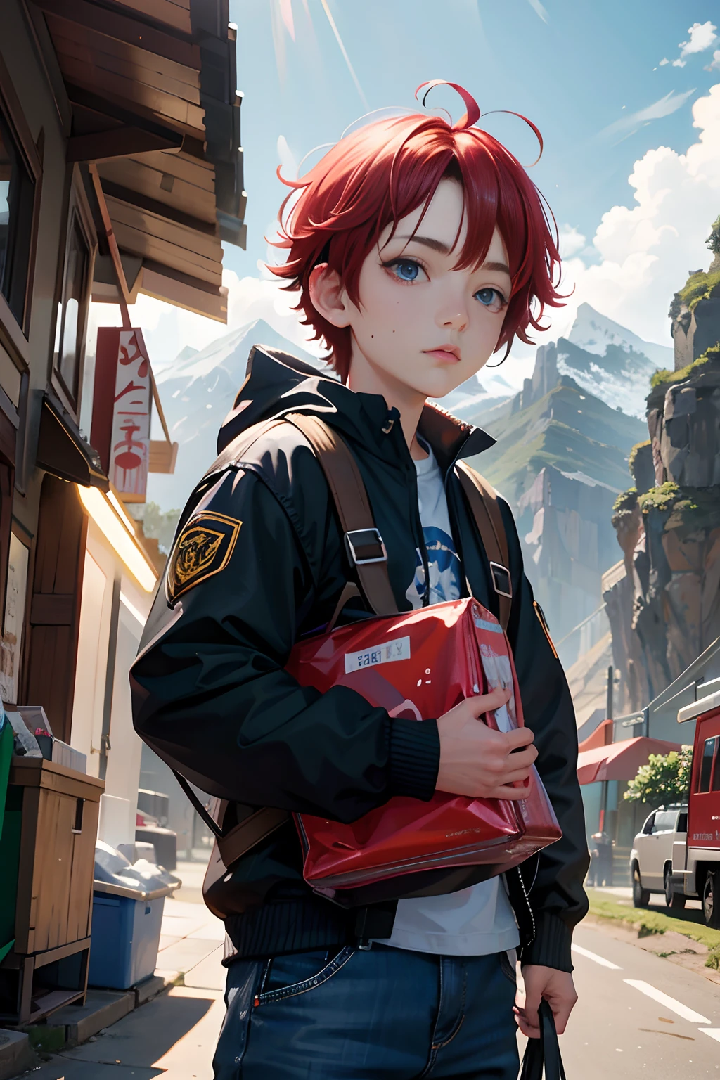 Anime - a style image of a young man with red hair and a backpack, Fake wings,clean backdrop,with blue sky and white clouds,Guviz-style artwork, Realistic anime 3 D style, Anime style. 8K, style of anime4 K, Guviz, anime realism style, anime styled 3d, Detailed digital anime art, anime styled digital art, realistic anime artstyle, clean and meticulous anime style