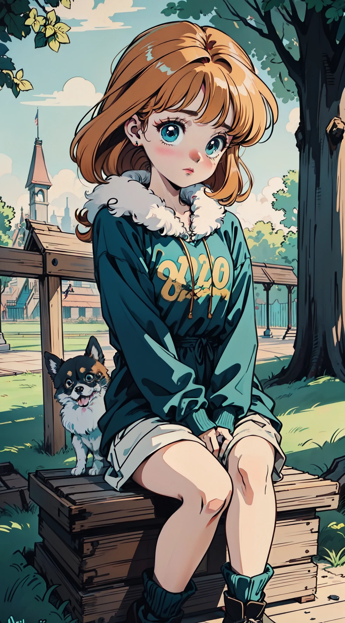 masterpiece, best quality, masterpiece, (1girl),solo, ginger hair, green blue eyes, playing with a pomeranian dog 🐶 , animal, very fluffy and hairy dog, small dog, the setting is a park with playground and ample space