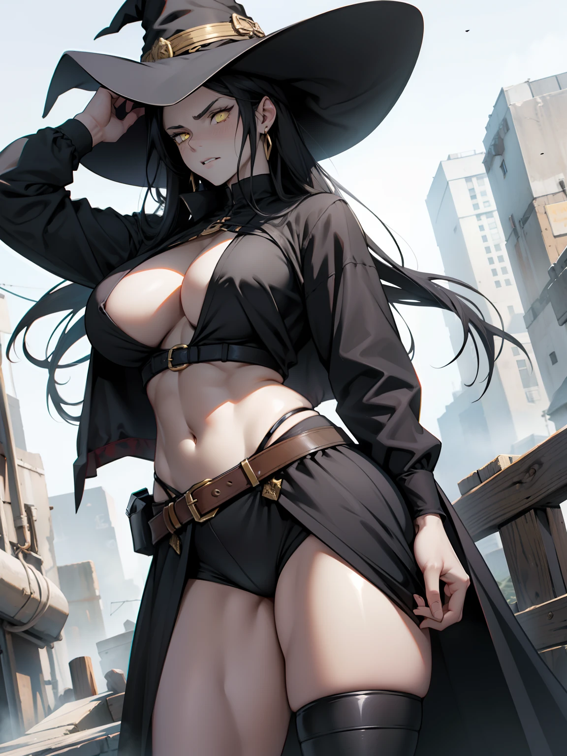 (1girl), black hair, extremely long hair, yellow eyes, muscular, huge breasts, thick thighs, solo, angry, (pale skin), cowboy shot, (witch clothes)