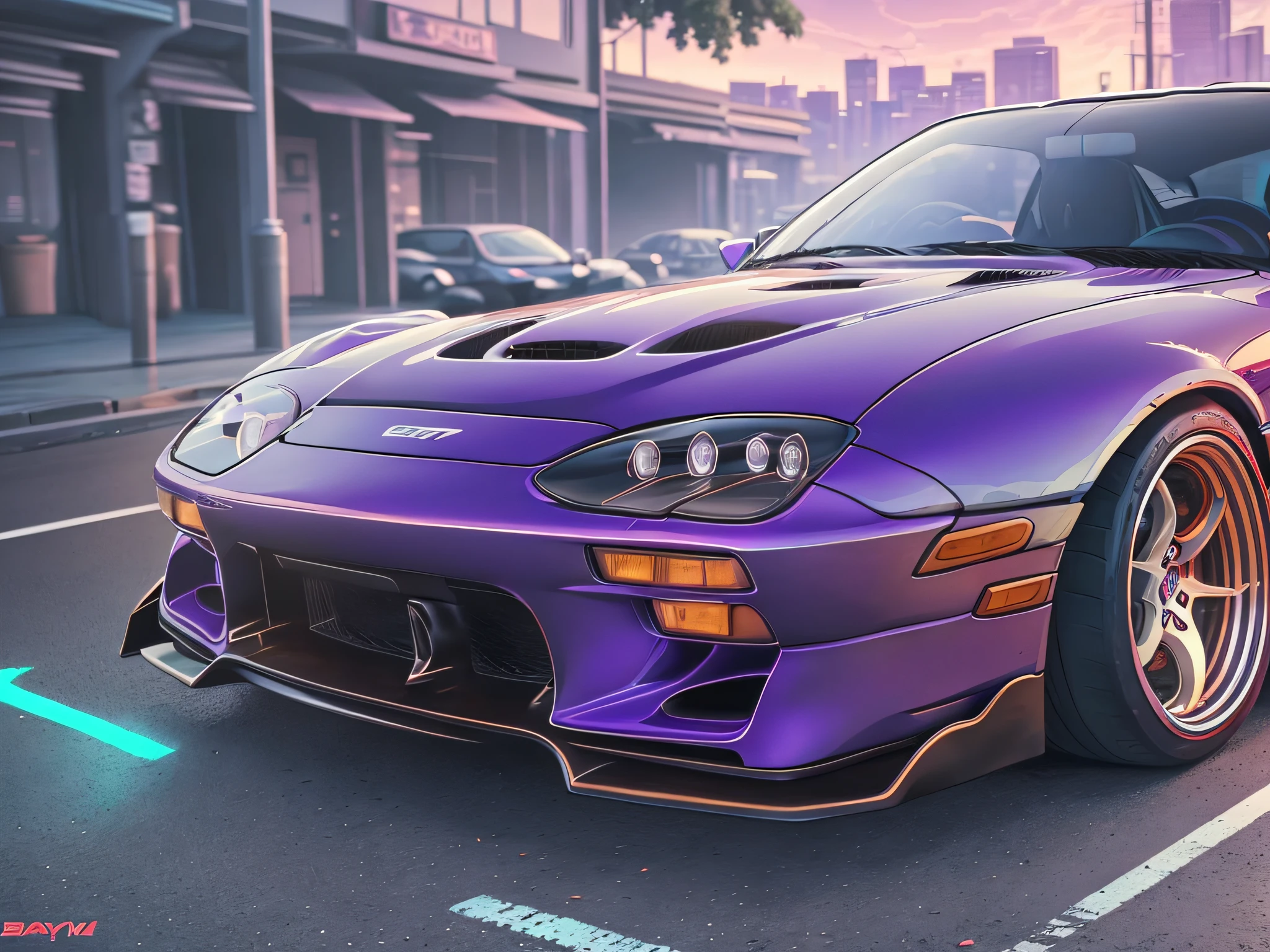 Reverse wave. City, Toyota Supra MK4, wide-body kit, road, purple neon, sun, close-up
(masterpiece, detailed, high resolution),1girl posing, sexy micro shorts, babylook t-shirt, extremely beautiful and sexy