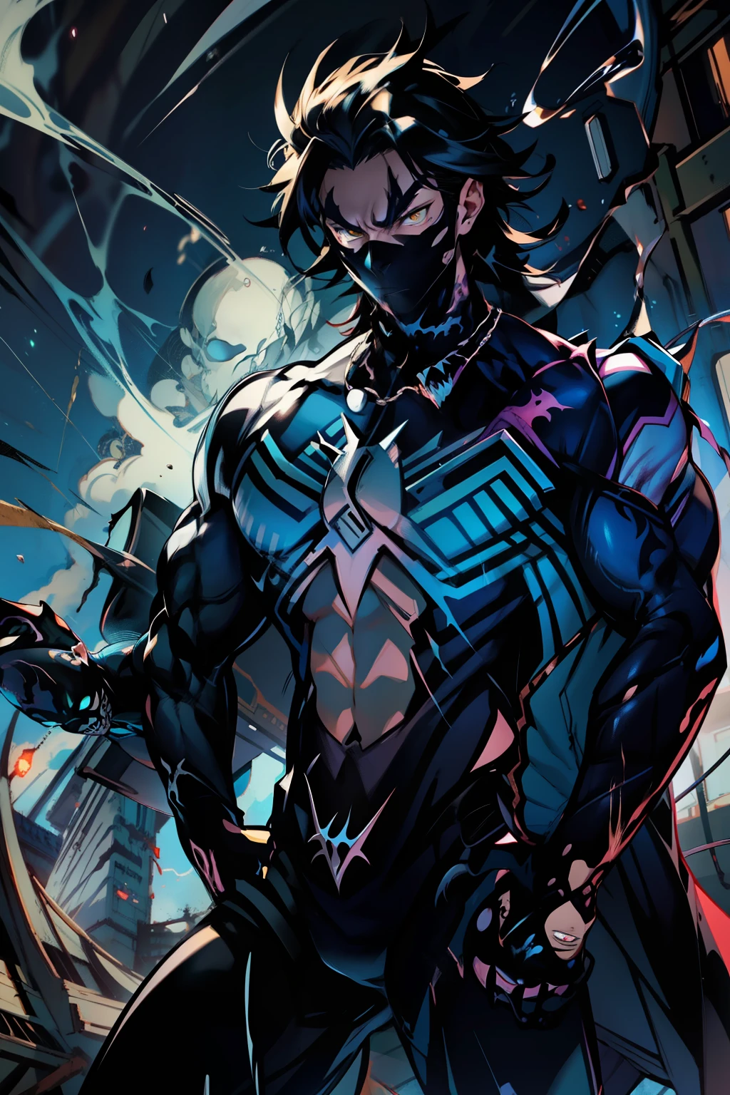 《the original god》Arataki Kazuto , male people, chest muscle, Sexy , Venom symbiote for your body, Black mucus of the body , into venom, venomize,Black bodysuit,(Cloak),Red cape,Abs,(Adult male)((Venom possession,venom symbiote)),over-Tortoise Man,Battle damage,((Masterpiece)), ((Best quality)), Ultra detailed,((illustration)), Dynamic Angle, Detailed light, (Delicate eyes), Floating, 1boy, Male focus, Head, Clothing, Yellow eyes, necklace, tattoo, (Forehead:0.8), (ahoge:0.8), jewelry, brunette color hair,apathy,Ray, chest muscle, Sexy , Venom symbiote for your body, Black mucus of the body , (into venom), Venom,frontage,Bust photo,White tight-fitting top,spiderman outfit,style of anime4 K, 4K anime wallpaper, Badass anime 8 K, 4 k comic wallpaper, young anime man, Anime boys, Anime wallpapers 4 k, Anime wallpaper 4K, High quality anime art style, Anime moe art style, Anime art wallpaper 8 K, Anime art wallpaper 4 K, RGB lighting,