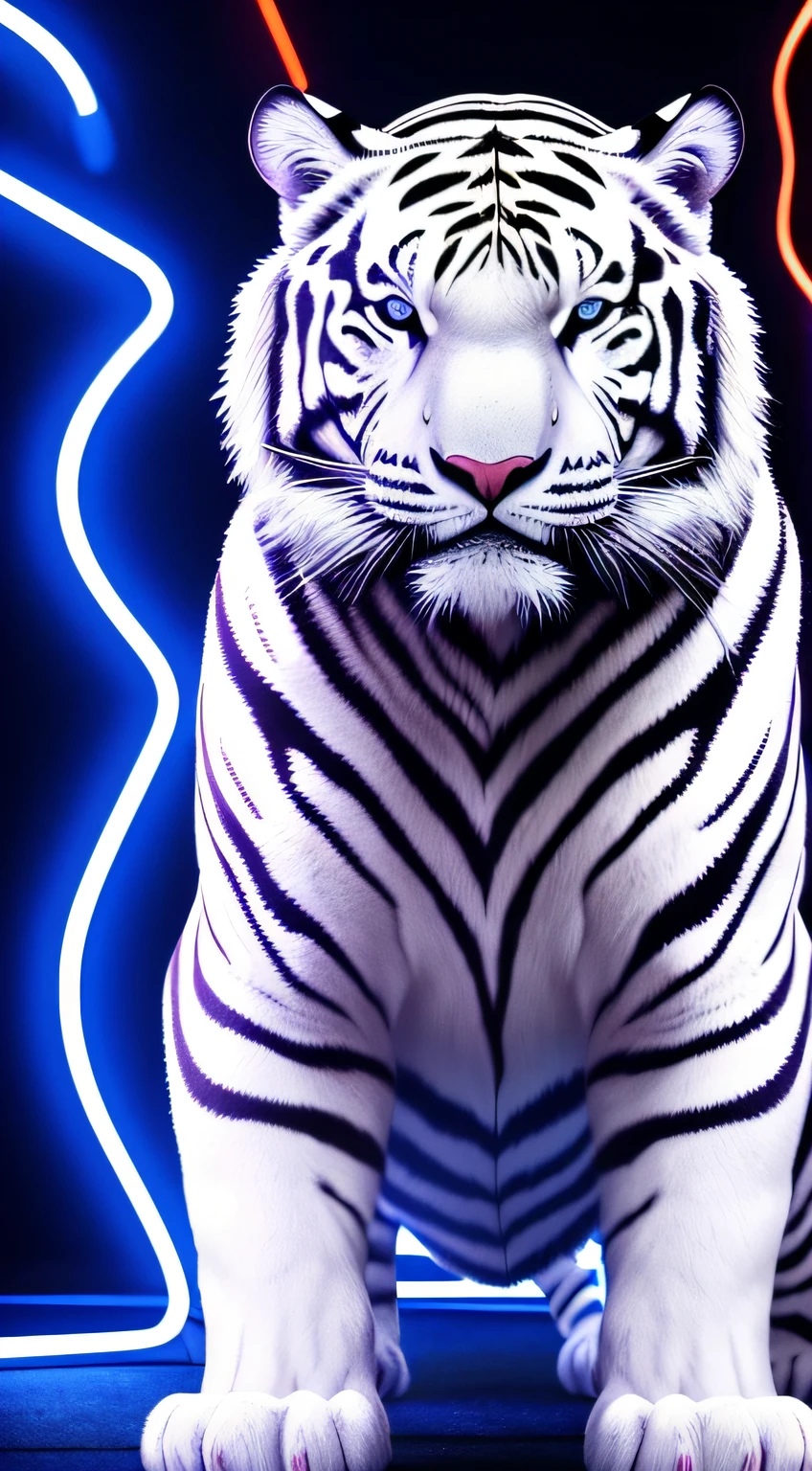 White tiger with blue hood, headphones, music notes, (neon lights), (masterpiece), (amazingly colorful), lightning hitting the ground, (ultra high quality), (8K quality), depth of field, ambient lighting , ((softened detail)), rock style