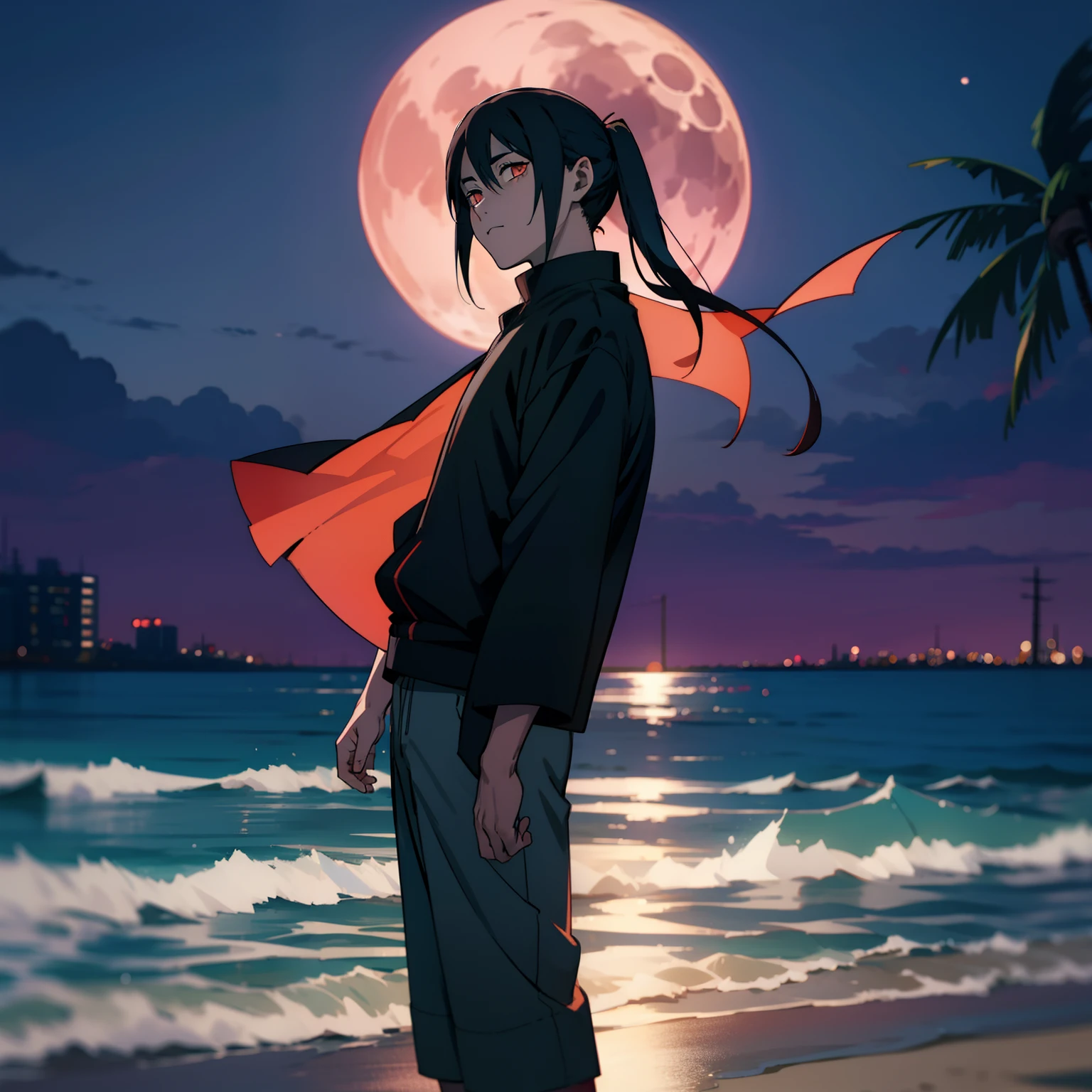 Itachi Uchiha, city, moonlight, muscle, beach, shorts pants