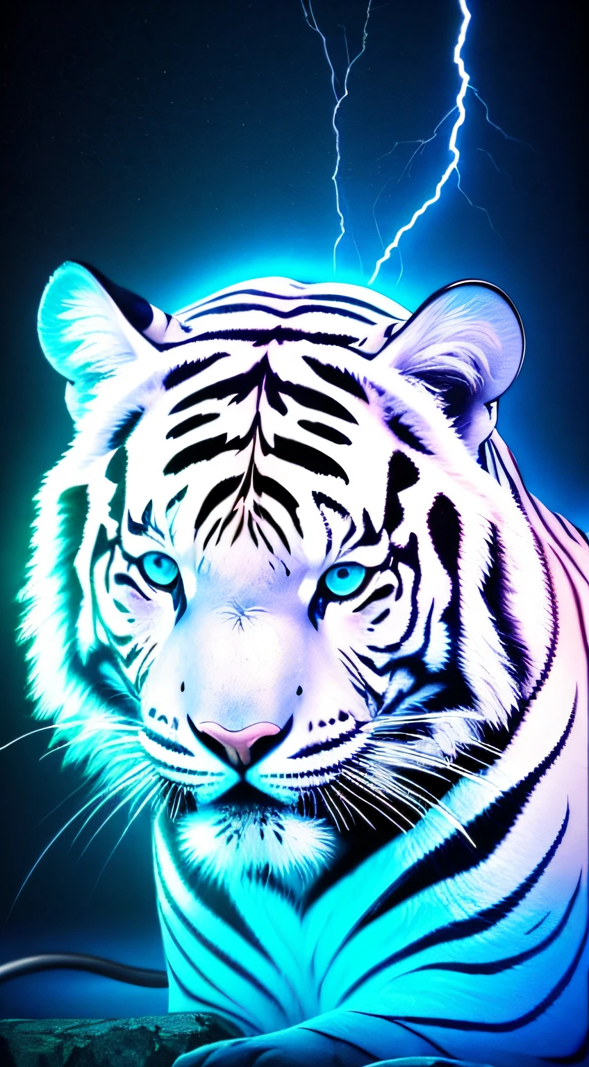 White tiger with blue hood, headphones, music notes, (neon lights), (masterpiece), (amazingly colorful), lightning hitting the ground, (ultra high quality), (8K quality), depth of field, ambient lighting , ((softened detail)), rock style