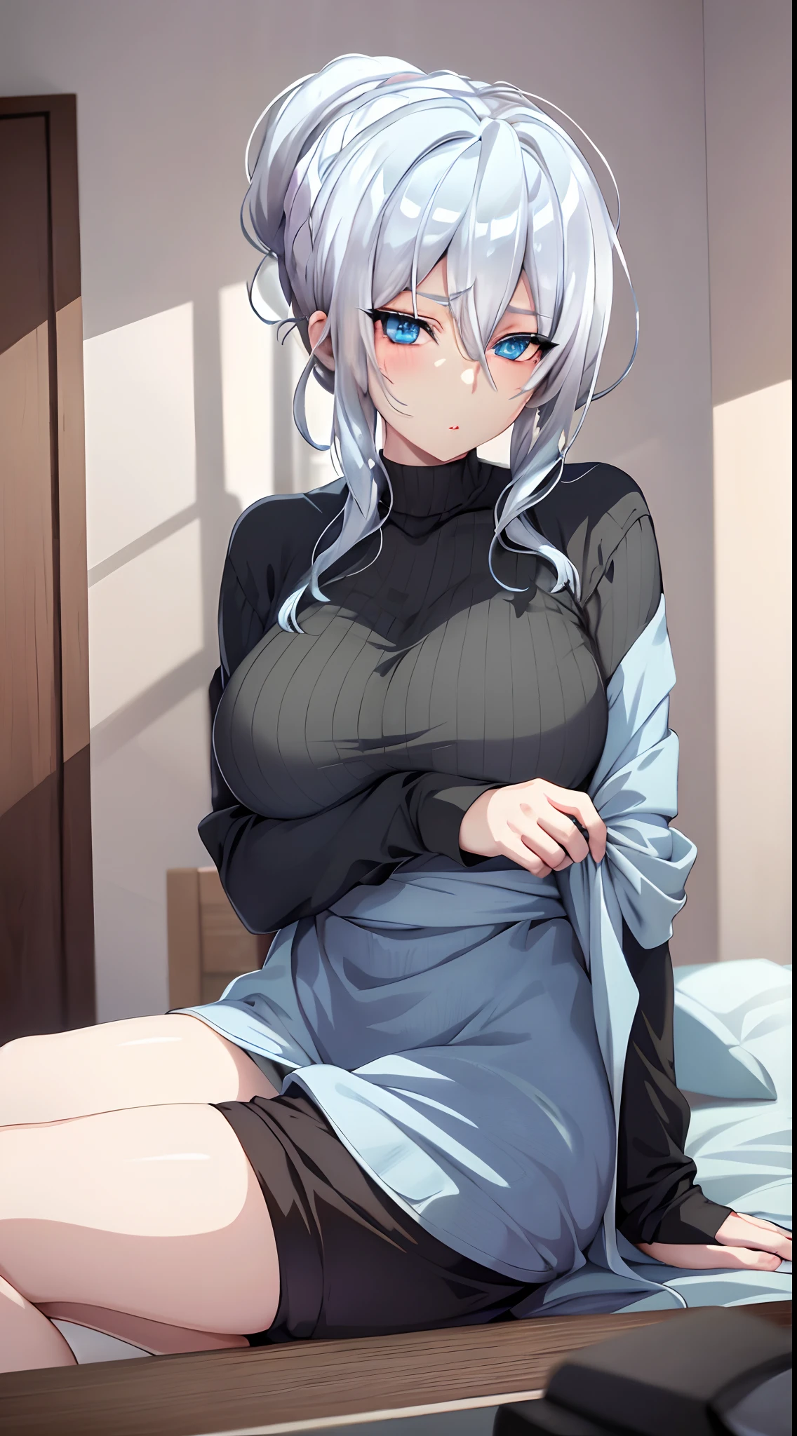 in bed, silver hair and  blue eyes, black shirt and no bra, anime visual of a cute girl, screenshot from the anime film, & her expression is solemn, in the anime film, in an anime, anime visual of a young woman, she has a cute expressive face, still from anime, big breast, red cheek, lustful face, fair skin