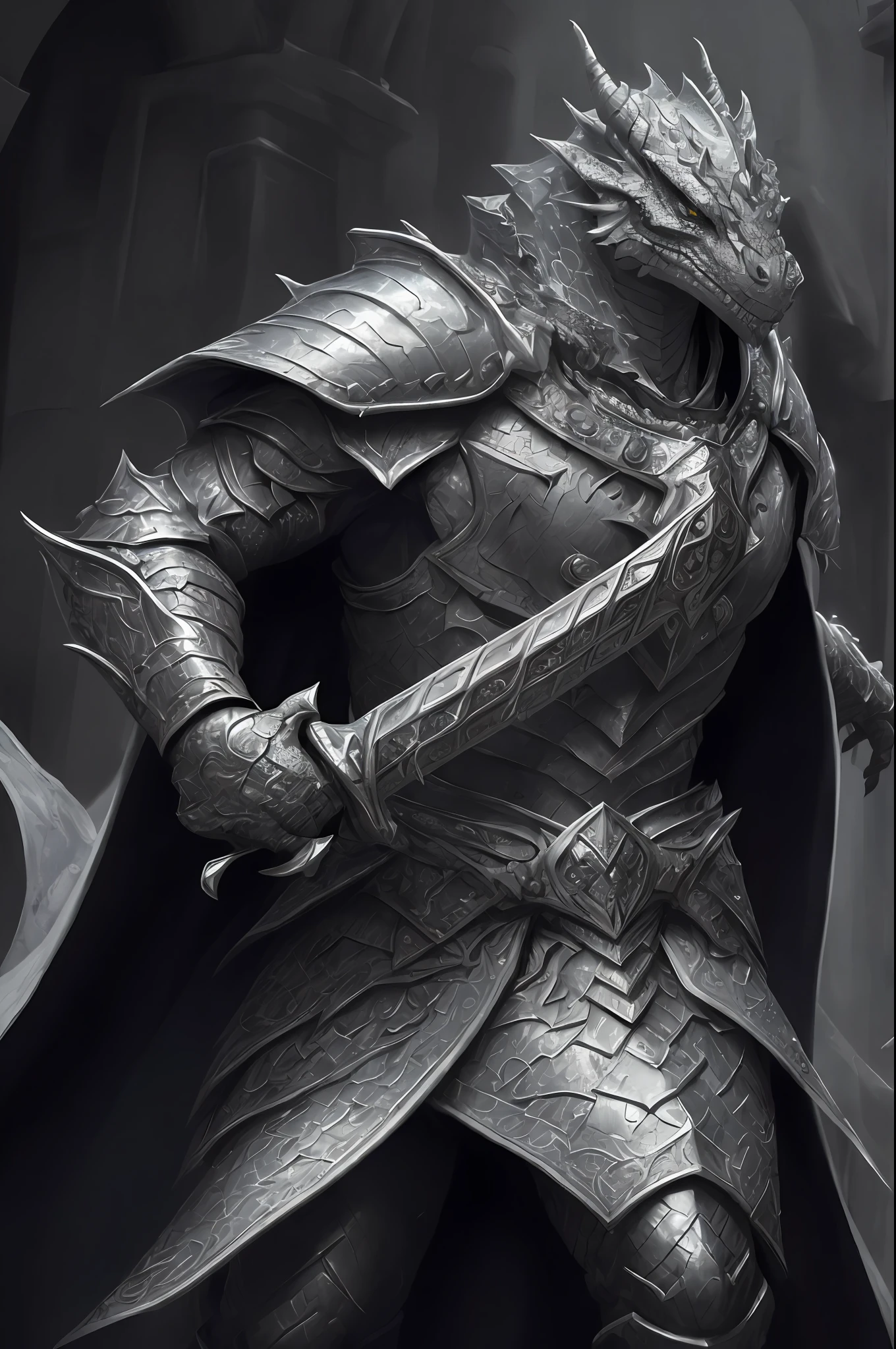 arafed high details, best quality, 8k, [ultra detailed], masterpiece, best quality, (extremely detailed), dynamic angle, ultra wide shot, photorealistic, RAW, fantasy art, dnd art, fantasy art, realistic art, a wide angle picture of a dragonborn paladin ready for battle, full body  (intense details, Masterpiece, best quality: 1.5), D&D dragonborn, silver scales dragonborn, dynamic eyes color, reptilian eyes, wearing heavy armor, white armor, wearing cloak, long cloak, flowing cloak, dynamic colors, armed with sword  (intense details, Masterpiece, best quality: 1.5), holy avenger sword, sword have yellow magical aura (intense details, Masterpiece, best quality: 1.5), holding a shield  (intense details, Masterpiece, best quality: 1.5), dark temple, evil temple  background (intense details, Masterpiece, best quality: 1.5), sense of action, atmosphere of danger