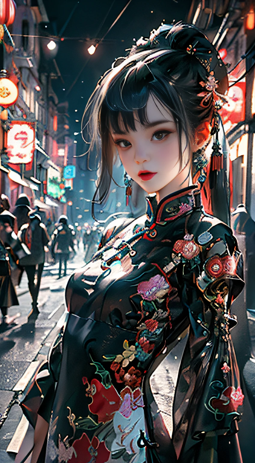 (Master Works :1.5), (Best picture quality :1.5), (Very Fine Detail, 8K, Wallpaper :1.3), Extremely Fine Detail, High Contrast, Complex Detail, physics-based rendering, Best Composition, Whole body, Cyberpunk Character Style, Dynamic Styling, 1 girl, Delicate in brown eyes, Eyeshadow, Makeup, Long black hair, Detailed big eyes, looking at the audience, blush, full small lips, red lips, long hair :1.3, upper body, (standing), (hair accessories :1.1), headwear, Chinese Cheongsam, Cyberstyle Cheongsam, blue-pink cheongsam, (Cyberpunk light :1.1), neon, all mechanical and futuristic elements, technology, background is traditional Chinese street, Chinese town, street, Paper lantern, Neon, Ultra High resolution, (Slim :1.2), dramatic lighting, vibrant Detail, luxurious Cyberpunk, Complex Background, octane render, 8k, best quality, Masterpiece, Illustration, Extremely delicate and beautiful, Very Detailed, CG, wallpaper, (realistic, Photorealistic :1.37), Amazing, Fine Detail, Masterpiece, Best quality, official art, (Natta :1.5) Cowboy lens