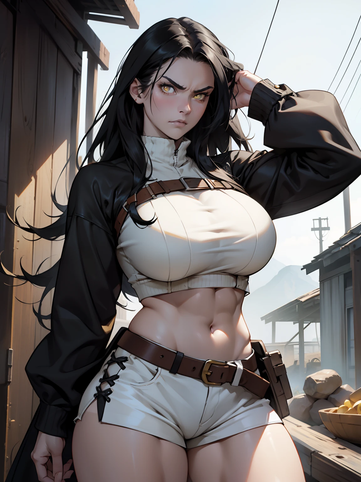 (1girl), black hair, extremely long hair, yellow eyes, muscular, huge breasts, thick thighs, solo, angry, (pale skin), cowboy shot, (cowboy clothes)